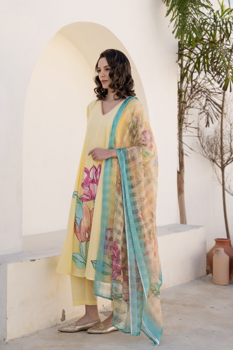 Shefali Mul Cotton HandBrush Painted Anarkali Set - The Jaipur Studio