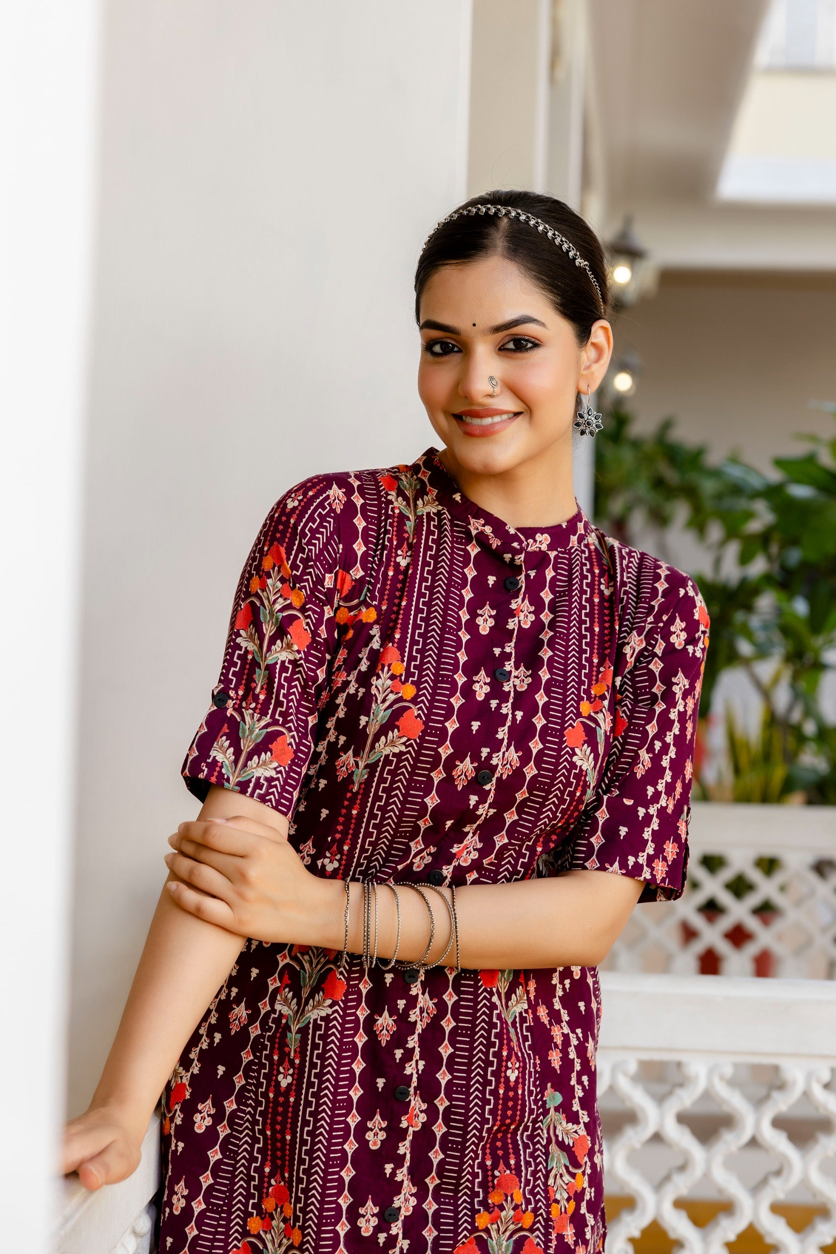 Marron Floral Cotton A-line Coord Set - The Jaipur Studio