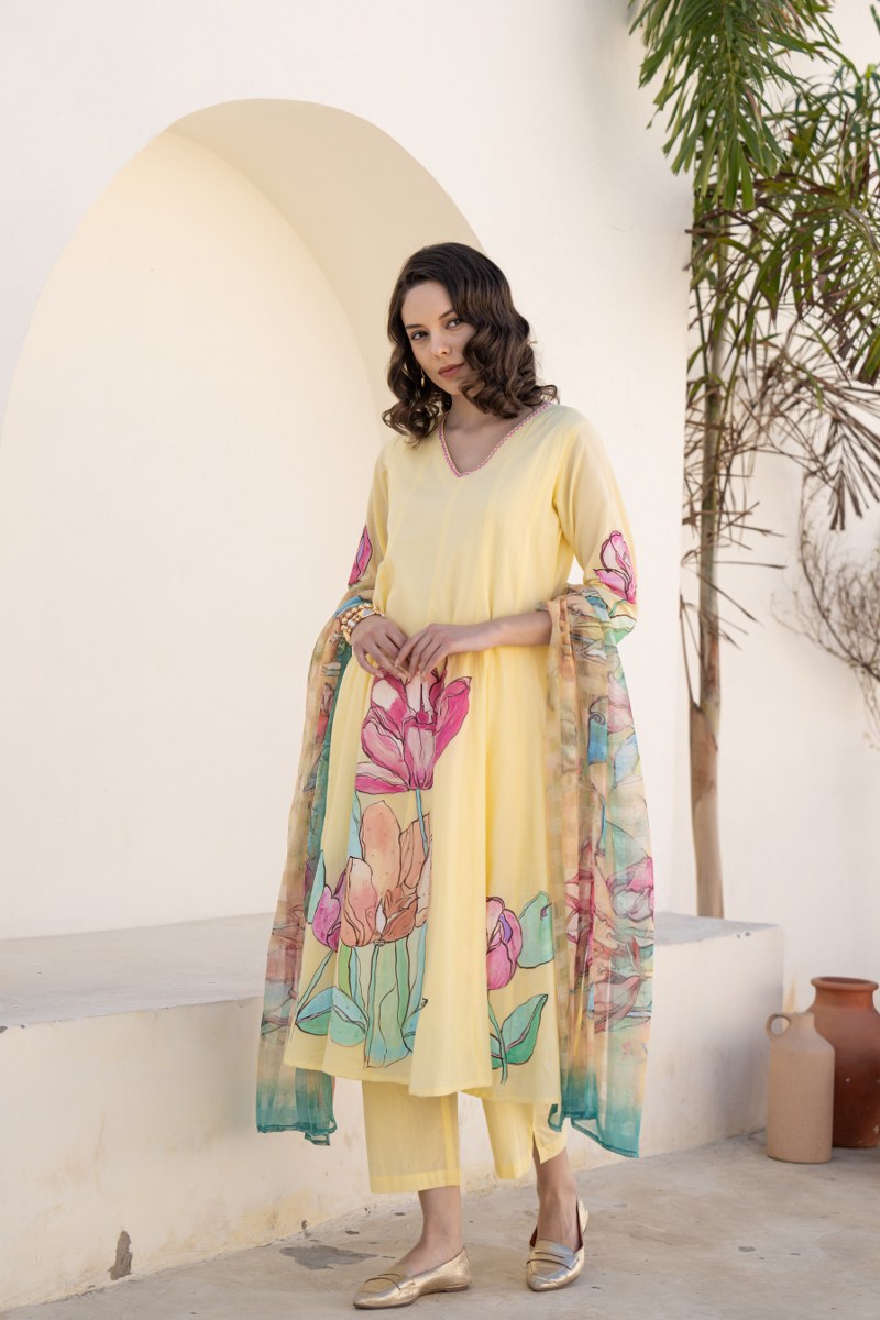 Shefali Mul Cotton HandBrush Painted Anarkali Set - The Jaipur Studio