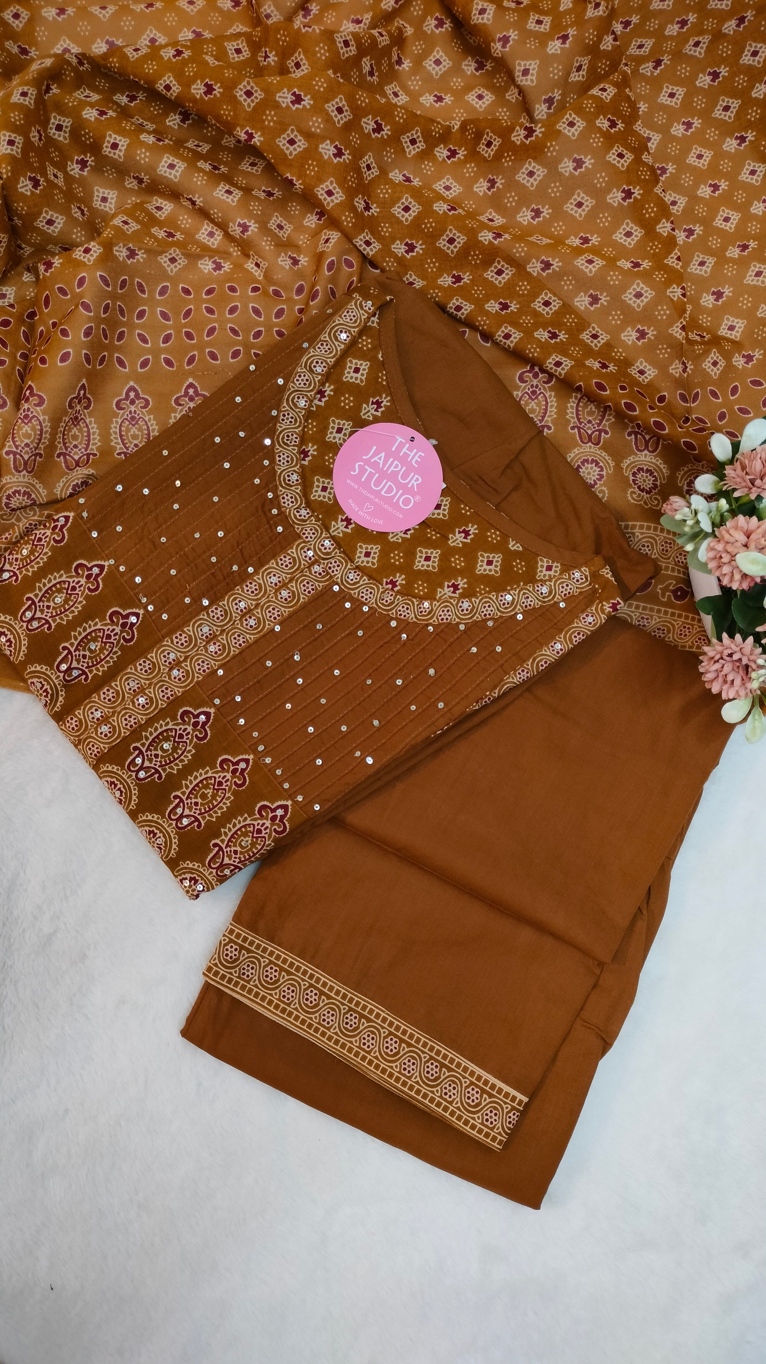 Deliah Handblock Premium Cotton Detailed Pant set - The Jaipur Studio