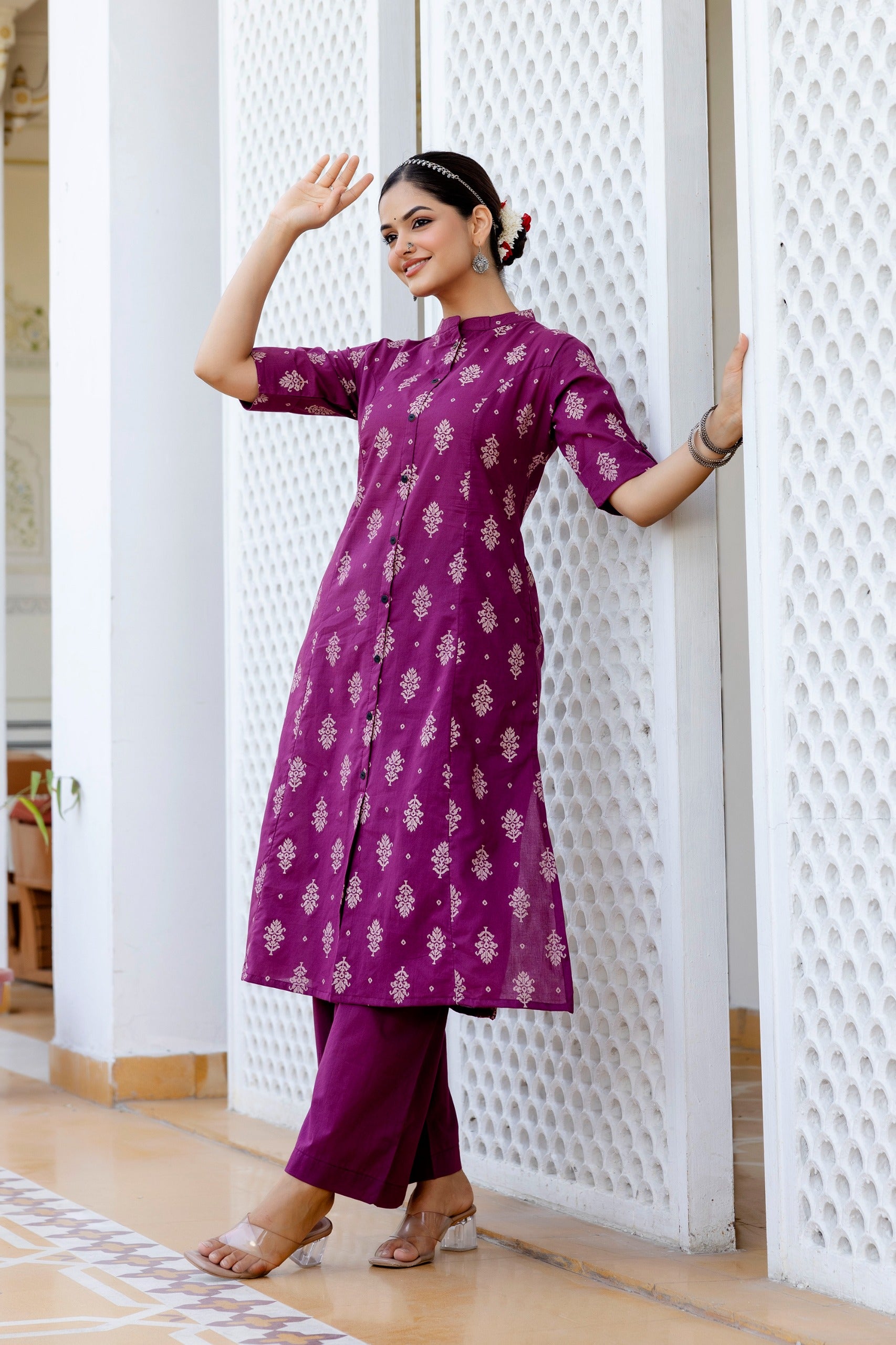 Purple Jamdani Cotton A-line Coord Set - The Jaipur Studio