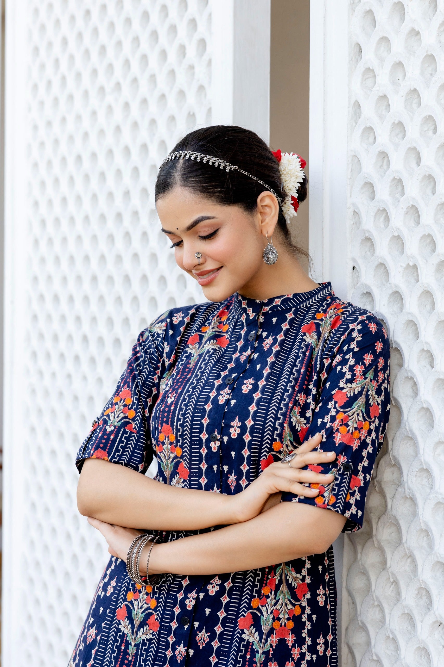 Navy Blue Floral Cotton A-line Coord Set - The Jaipur Studio