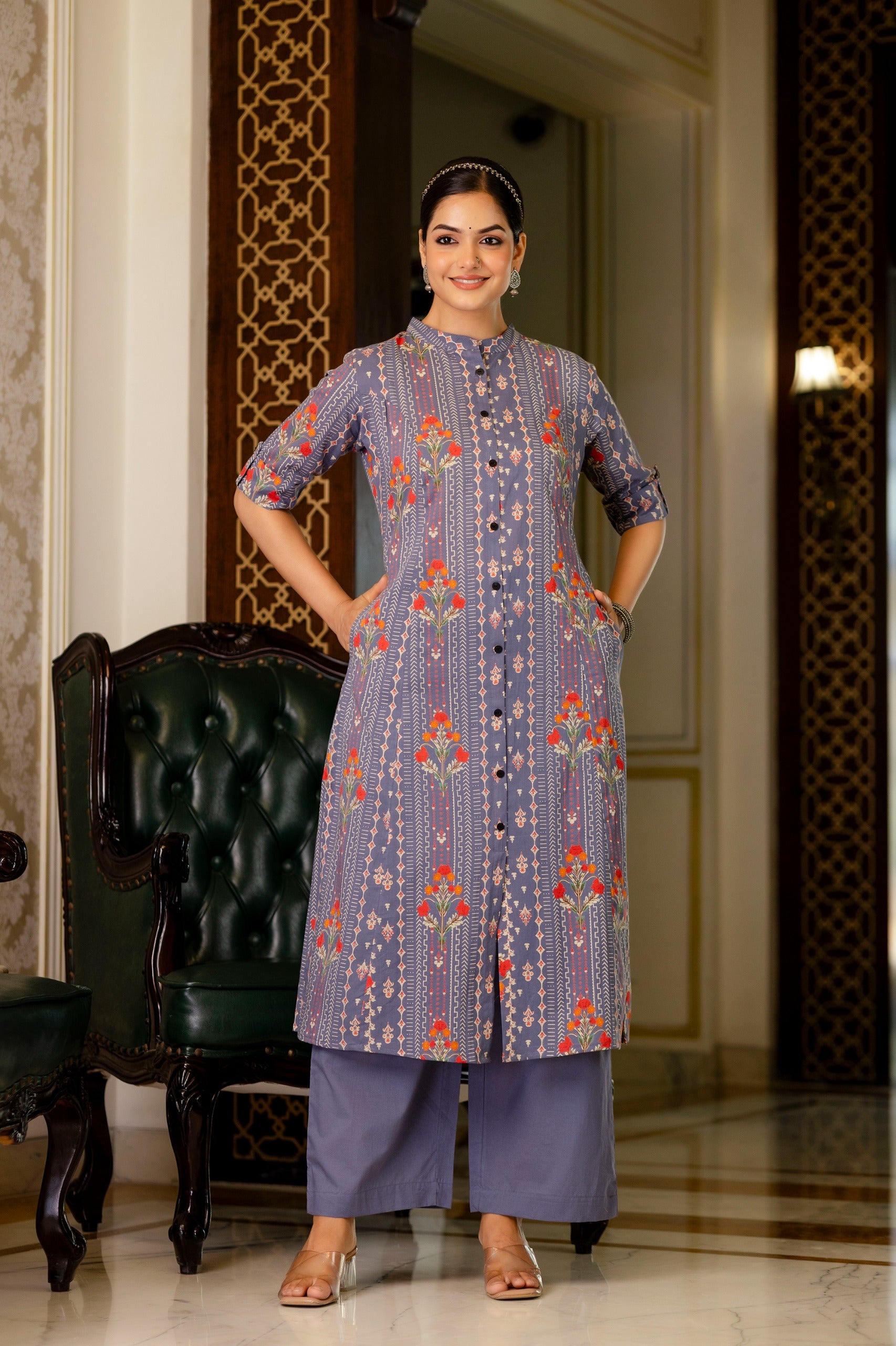 Grey Floral Cotton A-line Coord Set - The Jaipur Studio