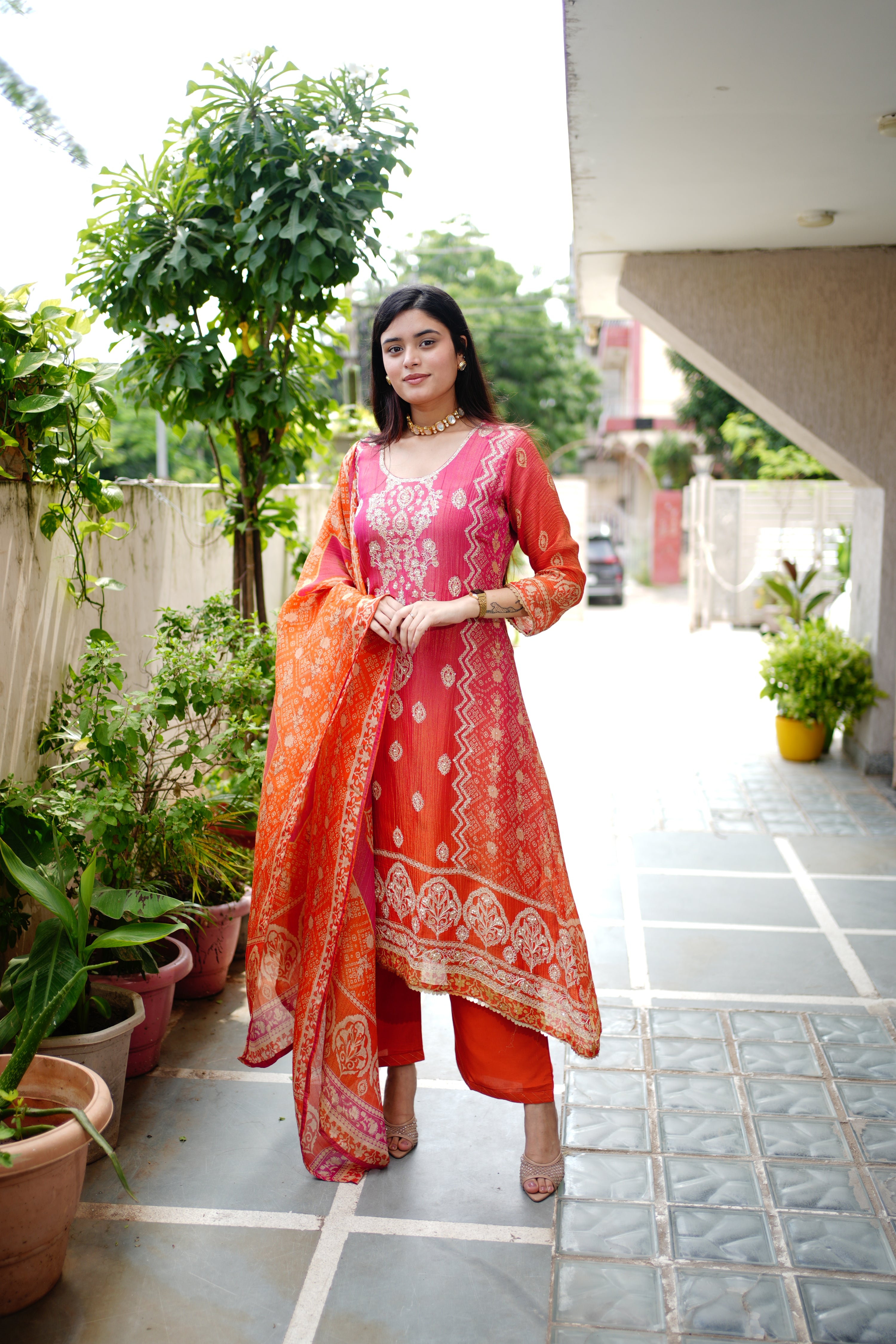 Rehana Asymmetric Shimmer Tissue  Embroidered Pant Set - The Jaipur Studio