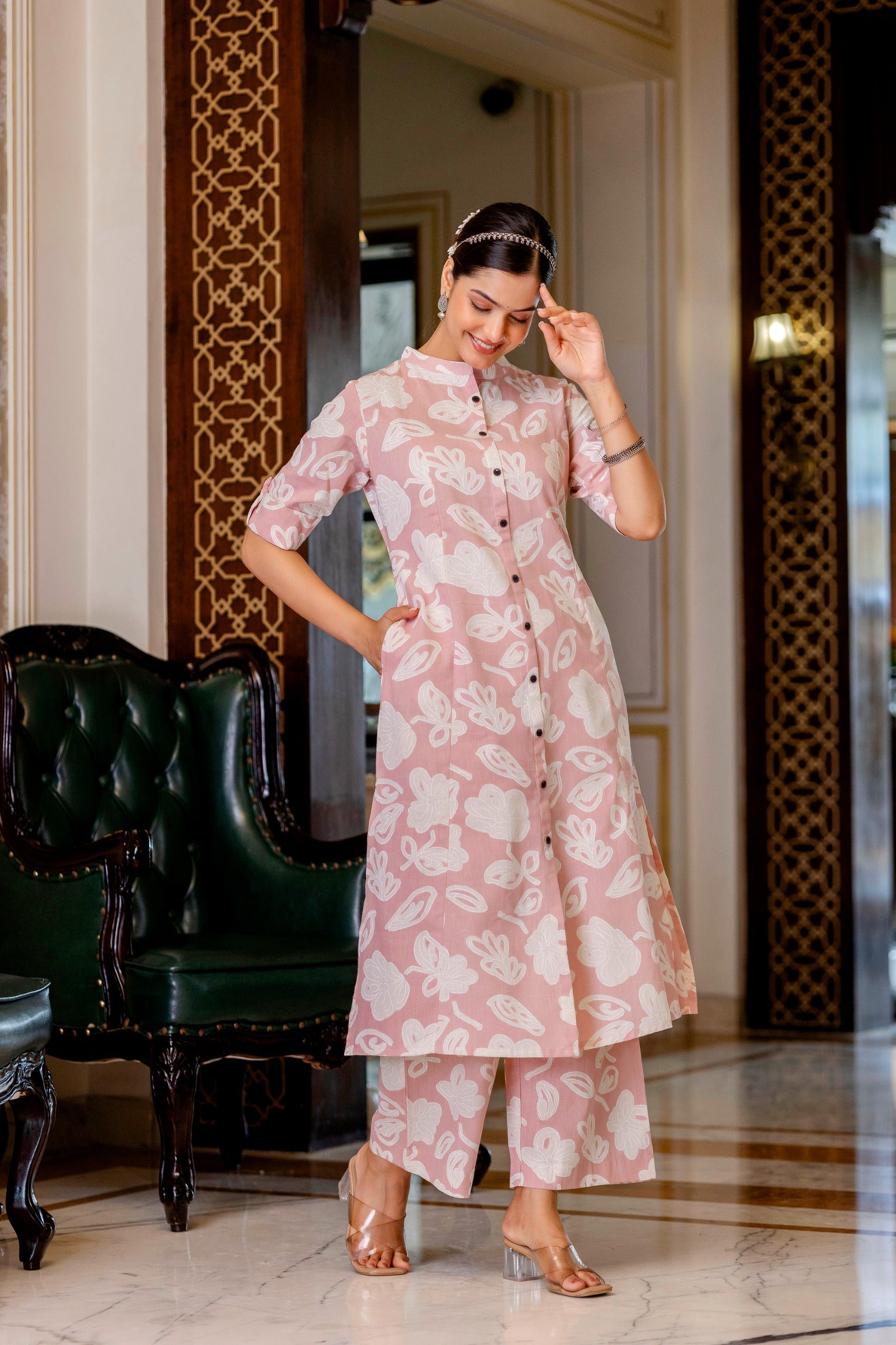 Peach Floral Cotton A-line Coord Set - The Jaipur Studio