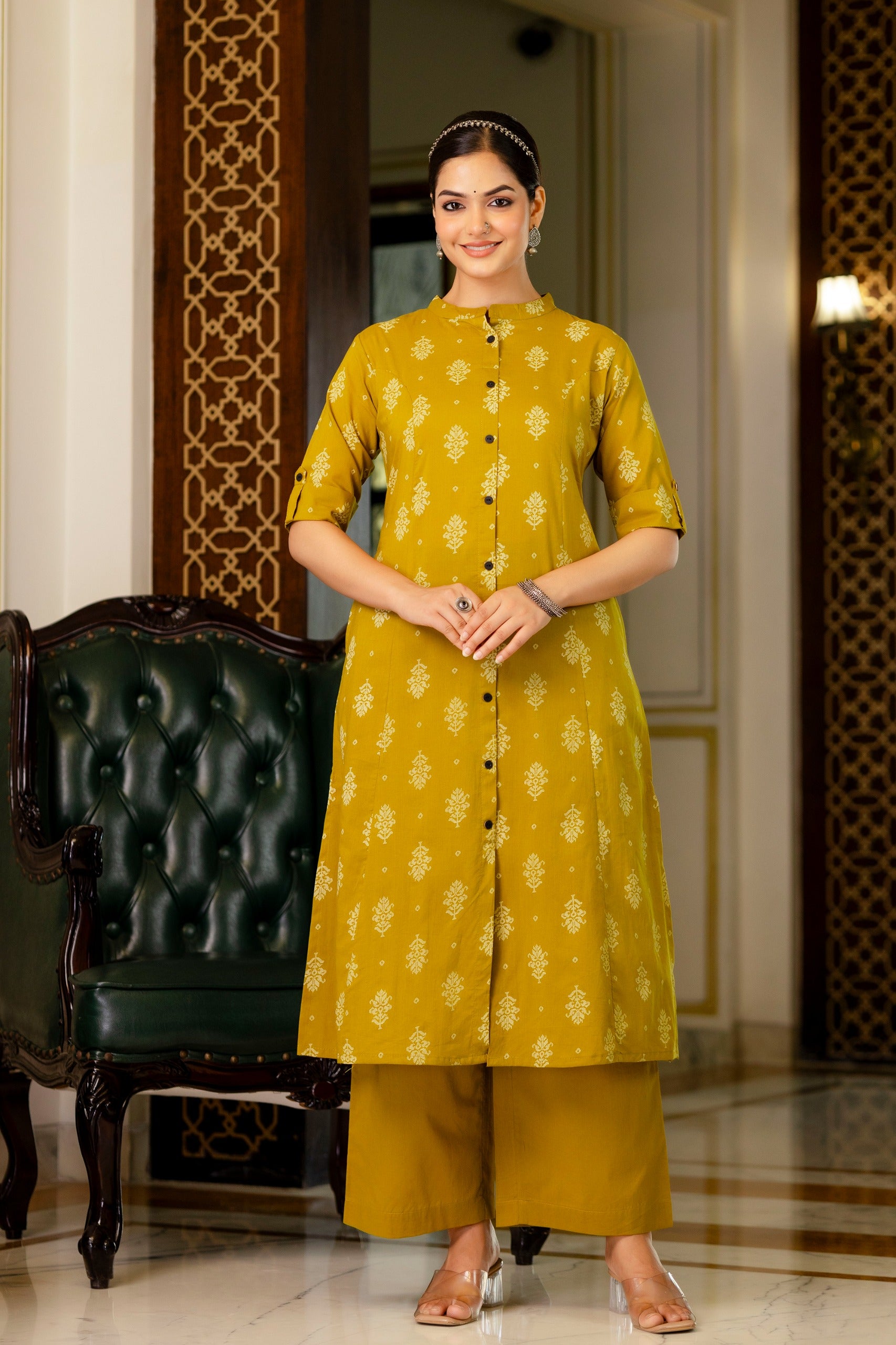 Yellow Jamdani Cotton A-line Coord Set - The Jaipur Studio