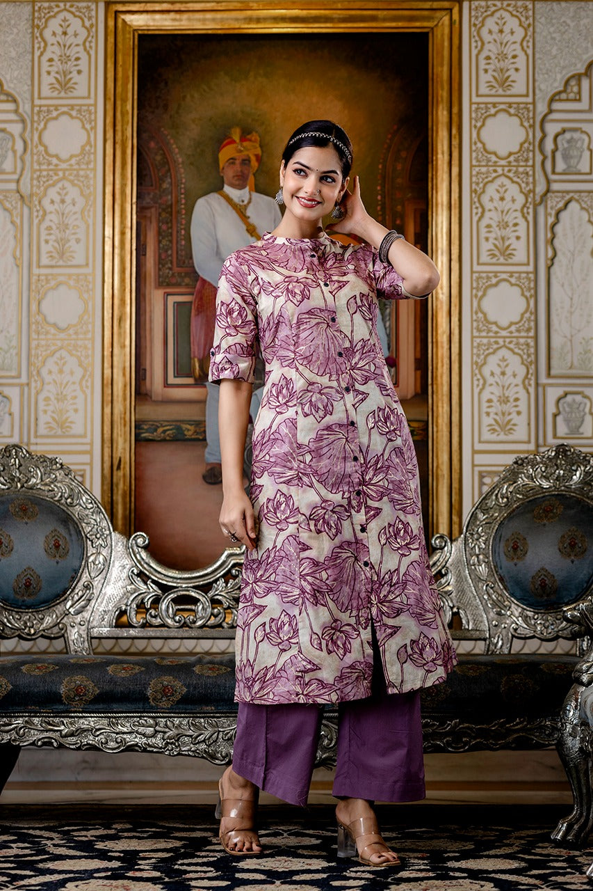 Shnaya Purple Floral Cotton A-line Coord Set - The Jaipur Studio