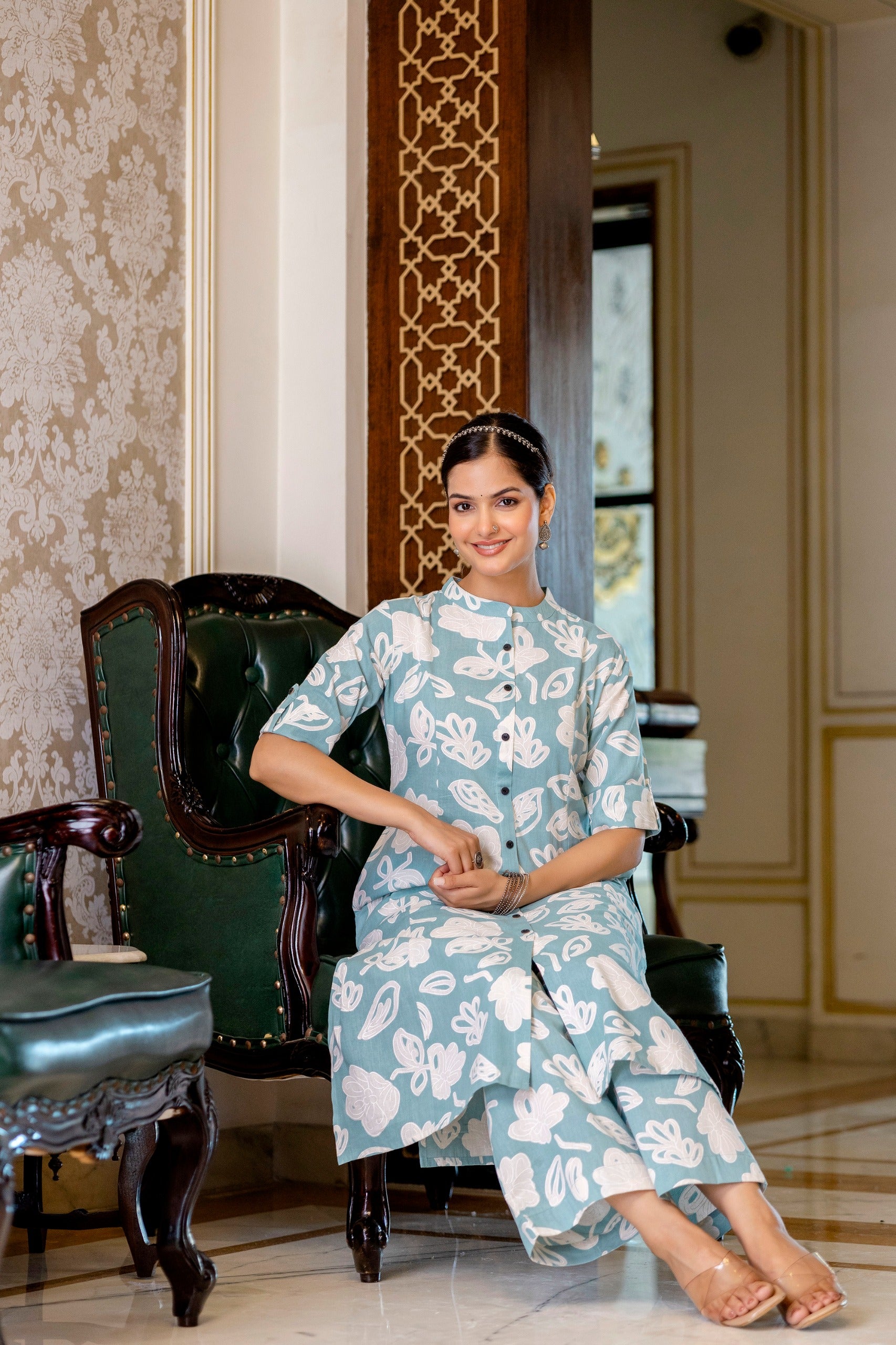 Pastel Blue Cotton A-line Coord Set - The Jaipur Studio
