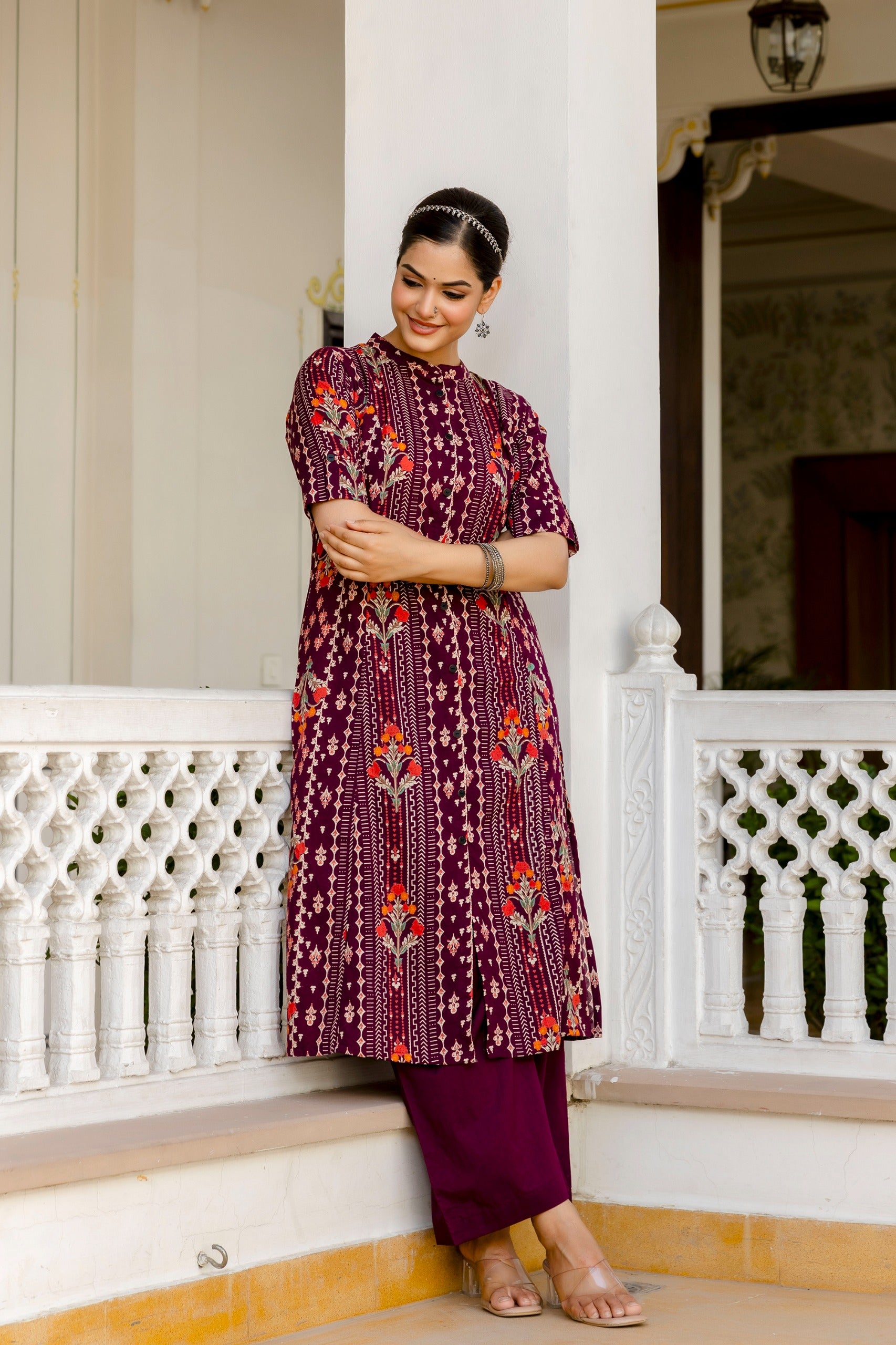 Marron Floral Cotton A-line Coord Set - The Jaipur Studio