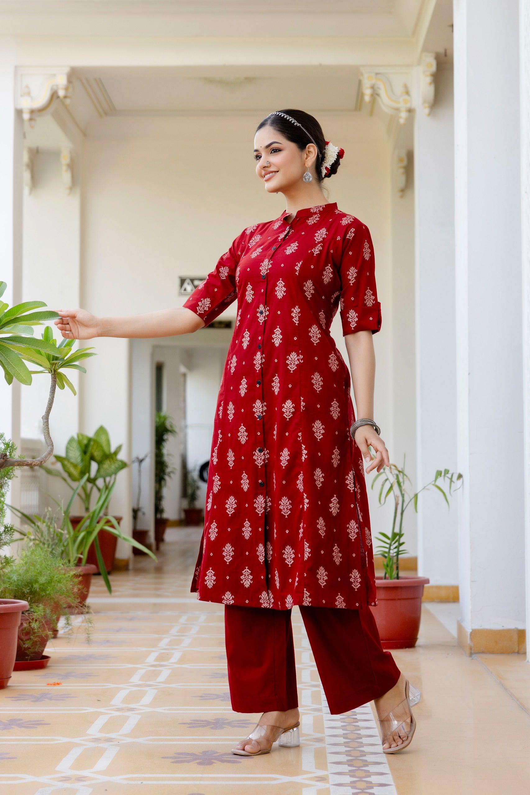 Red Jamdani Cotton A-line Coord Set - The Jaipur Studio