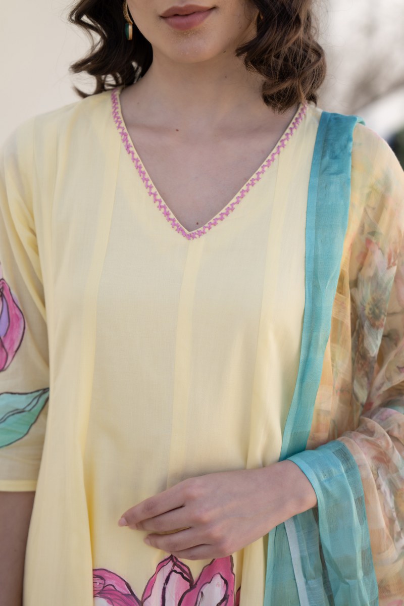 Shefali Mul Cotton HandBrush Painted Anarkali Set - The Jaipur Studio