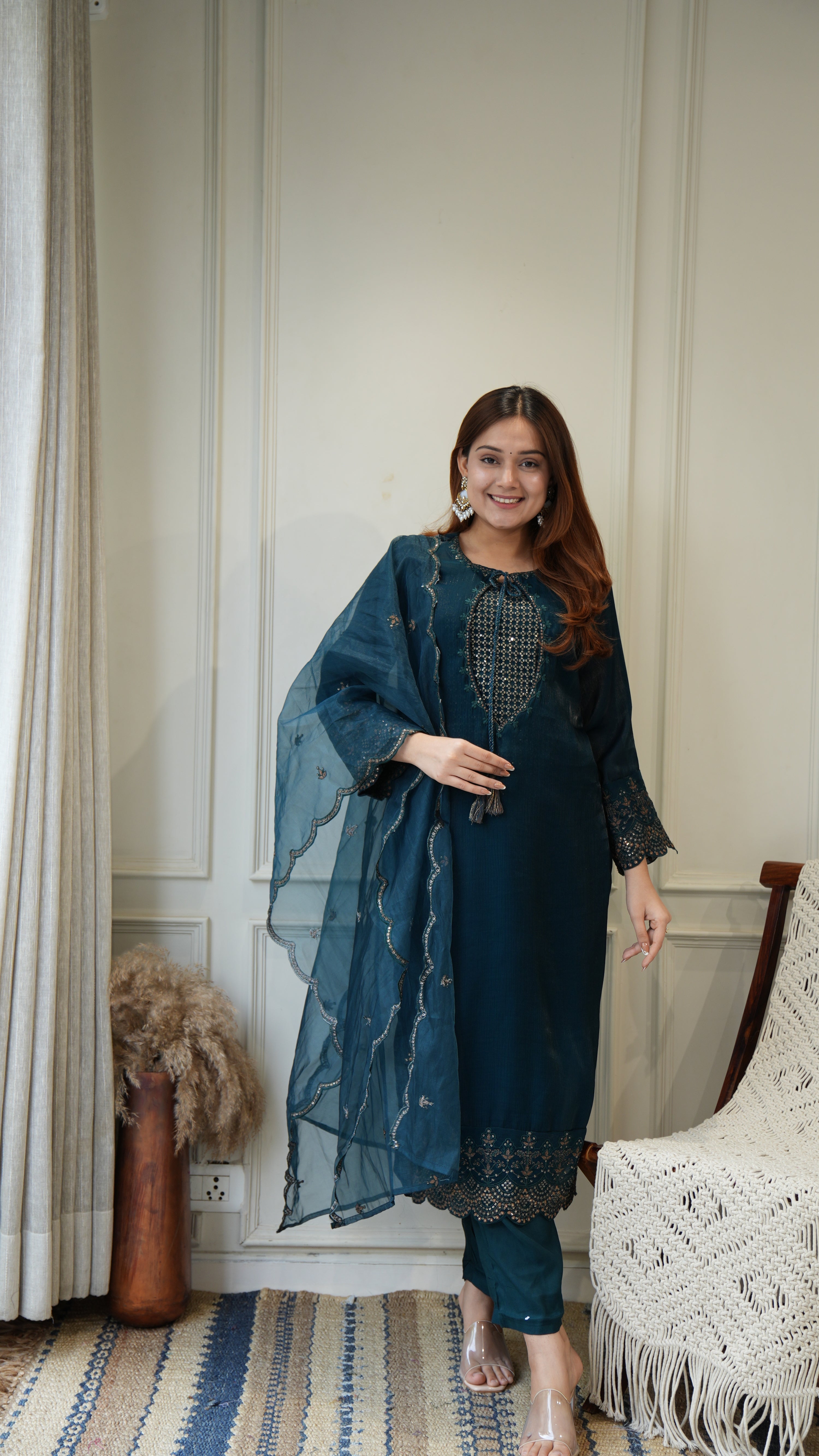 Ayesha Shimmer Tissue Embroidered Pant Set - The Jaipur Studio
