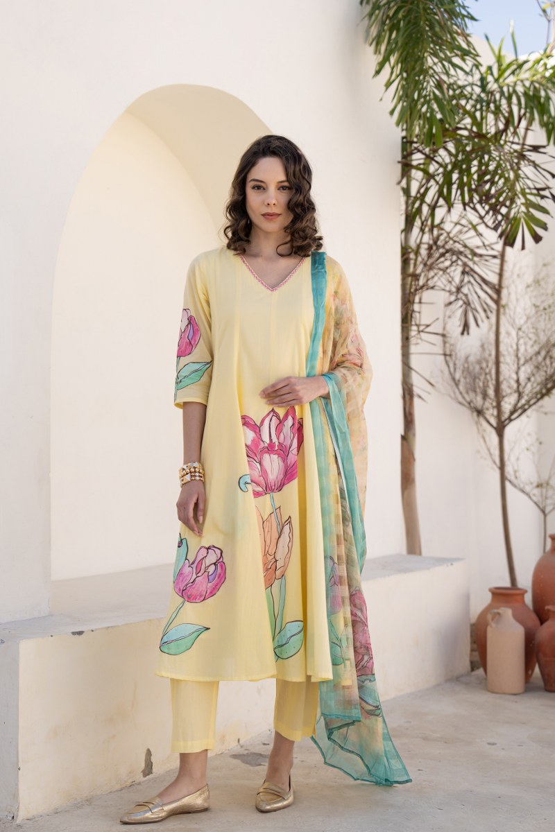 Shefali Mul Cotton HandBrush Painted Anarkali Set - The Jaipur Studio