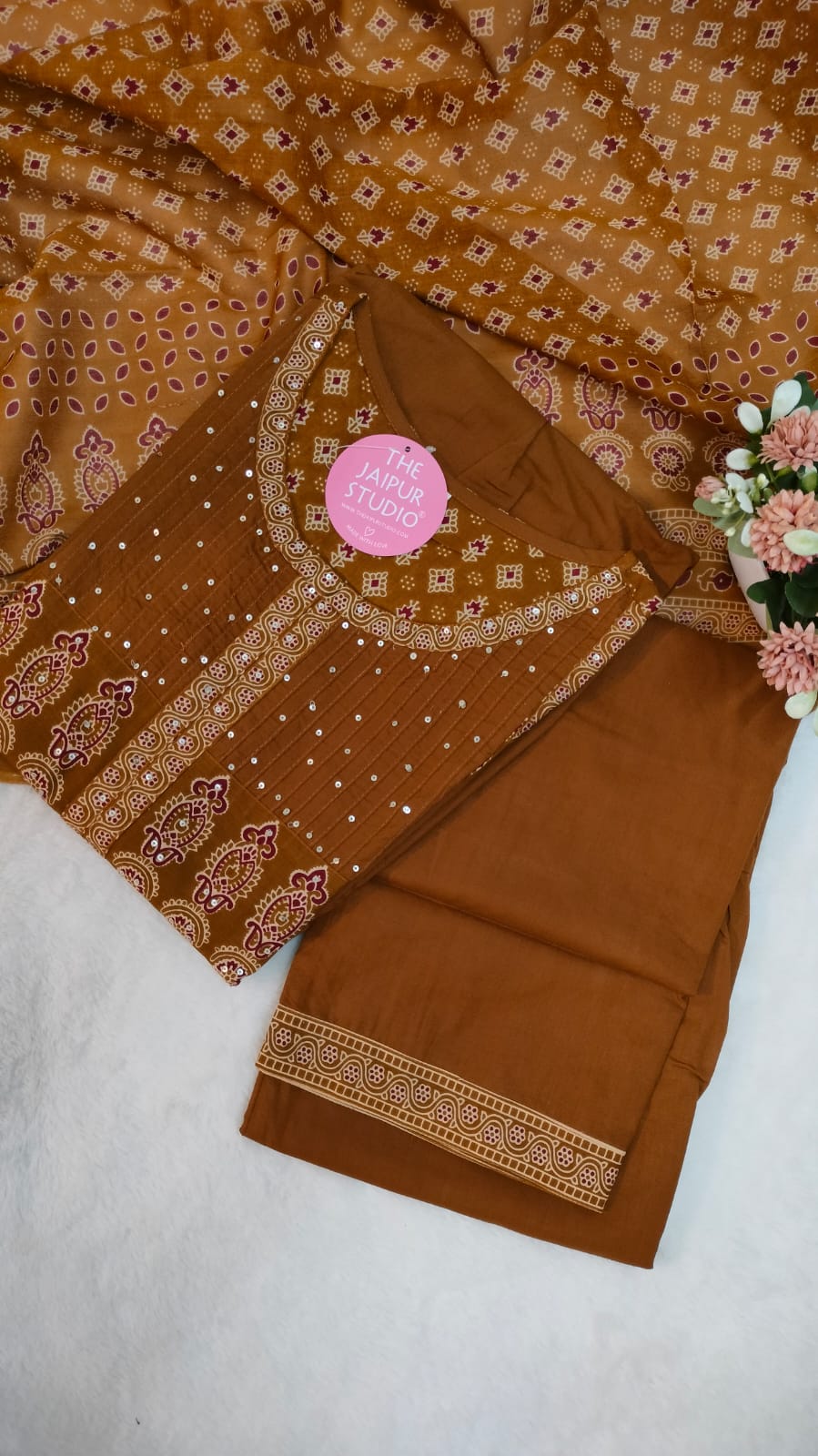 Deliah Handblock Premium Cotton Detailed Pant set - The Jaipur Studio