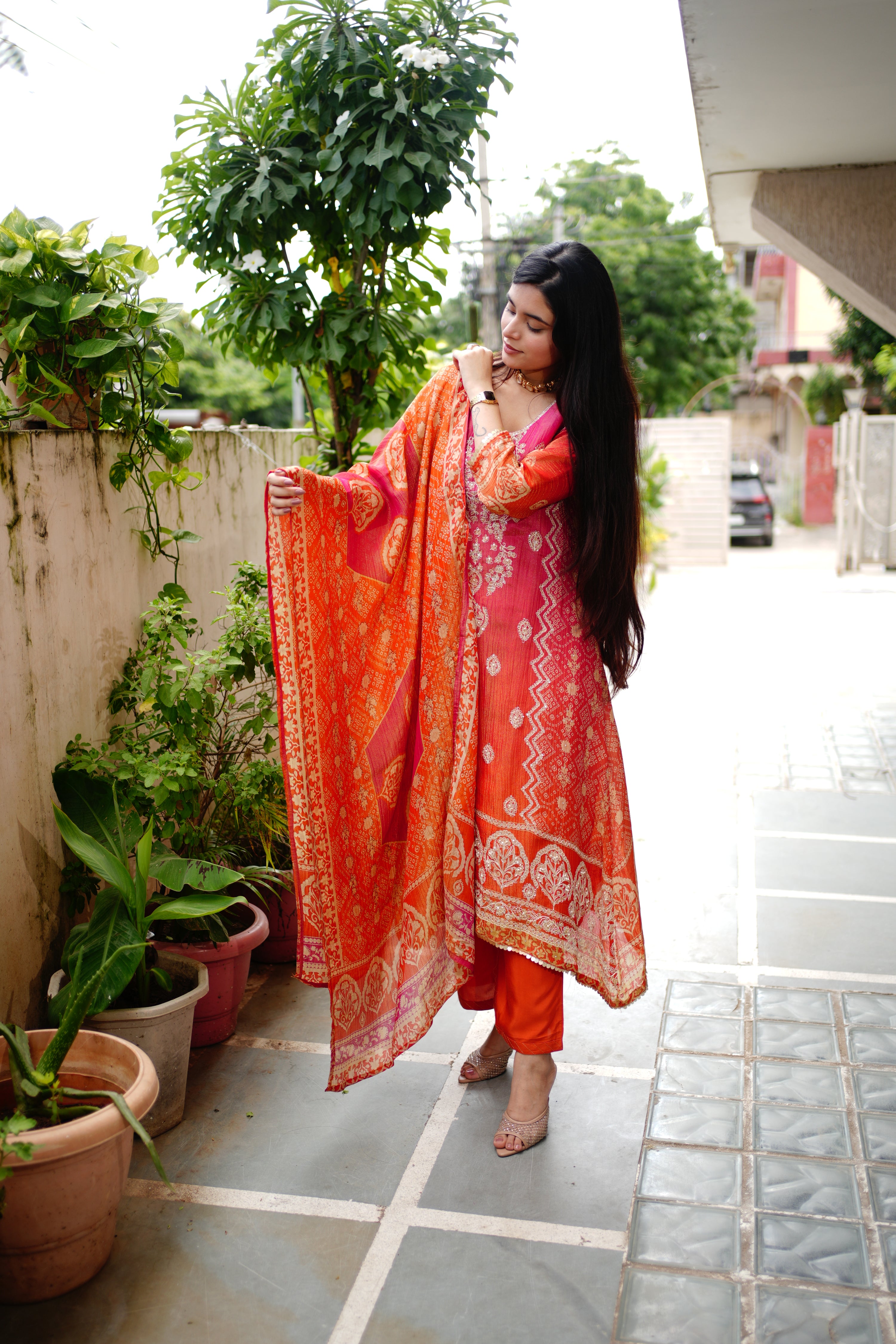 Rehana Asymmetric Shimmer Tissue  Embroidered Pant Set - The Jaipur Studio