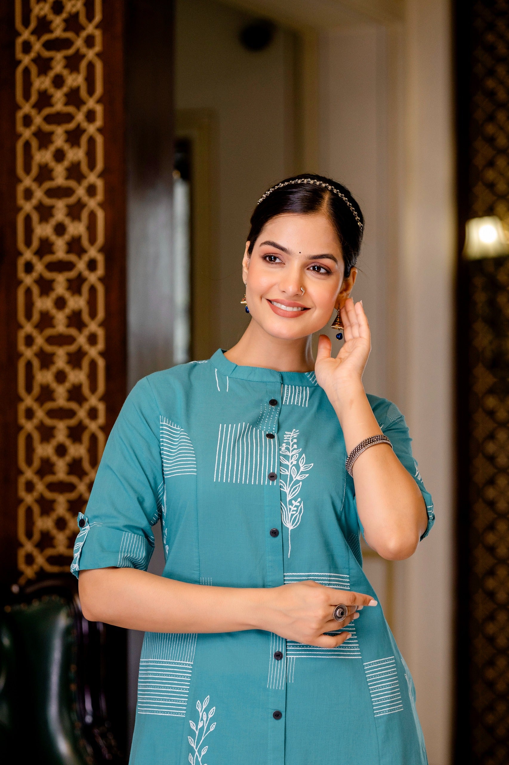 Rama Green Cotton A-line Coord Set - The Jaipur Studio