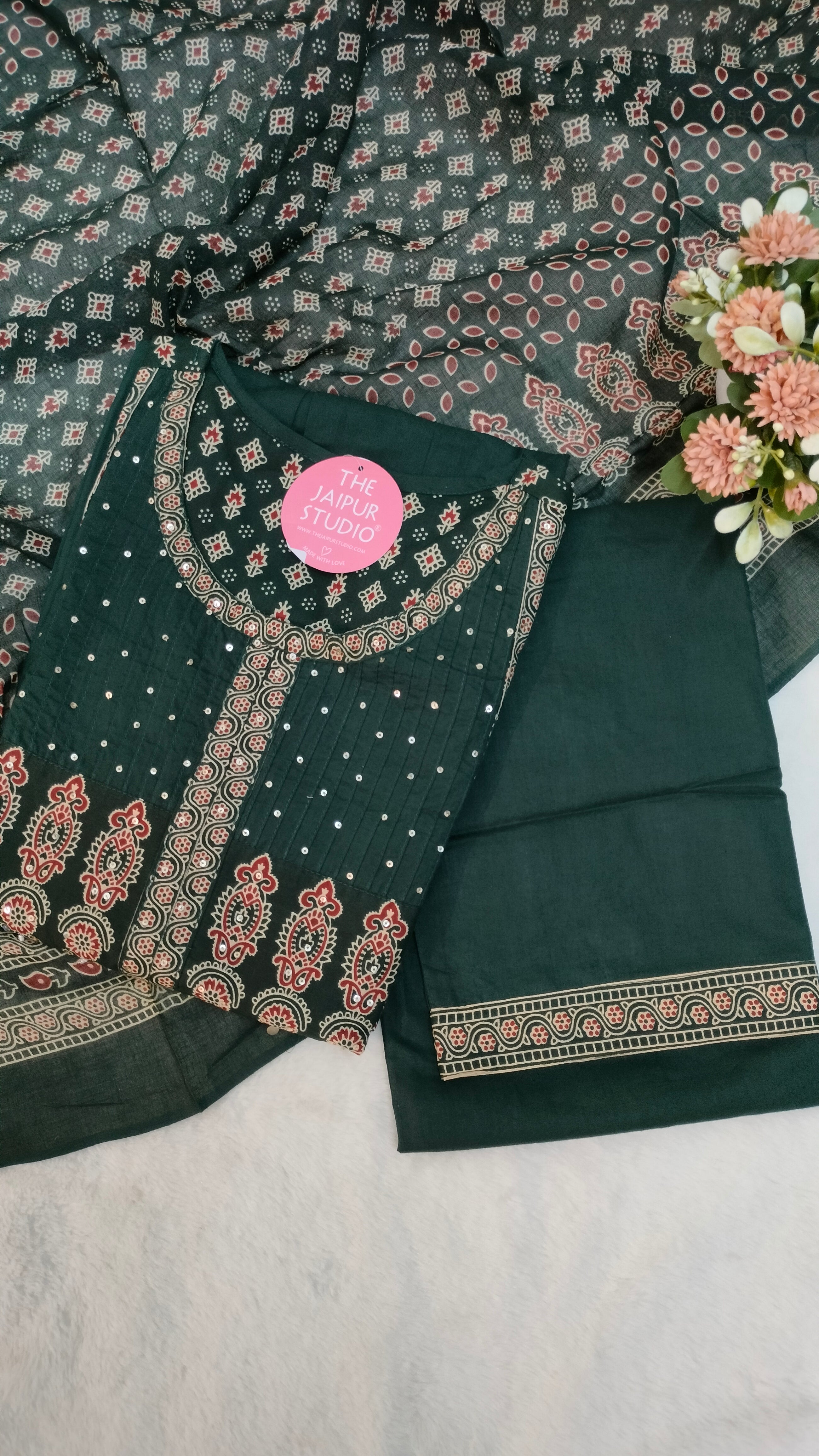 Deliah Handblock Premium Cotton Detailed Pant set - The Jaipur Studio