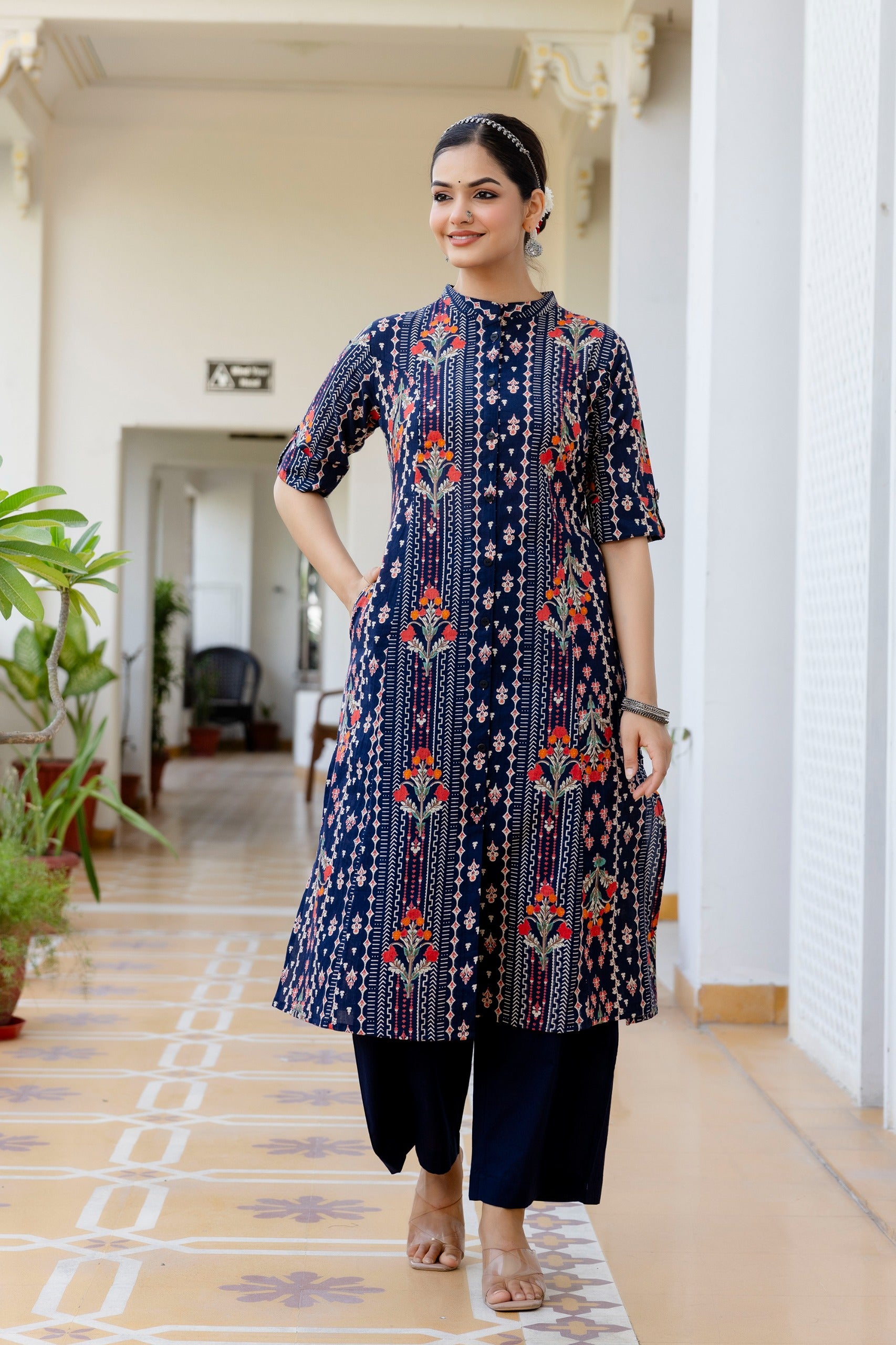 Navy Blue Floral Cotton A-line Coord Set - The Jaipur Studio