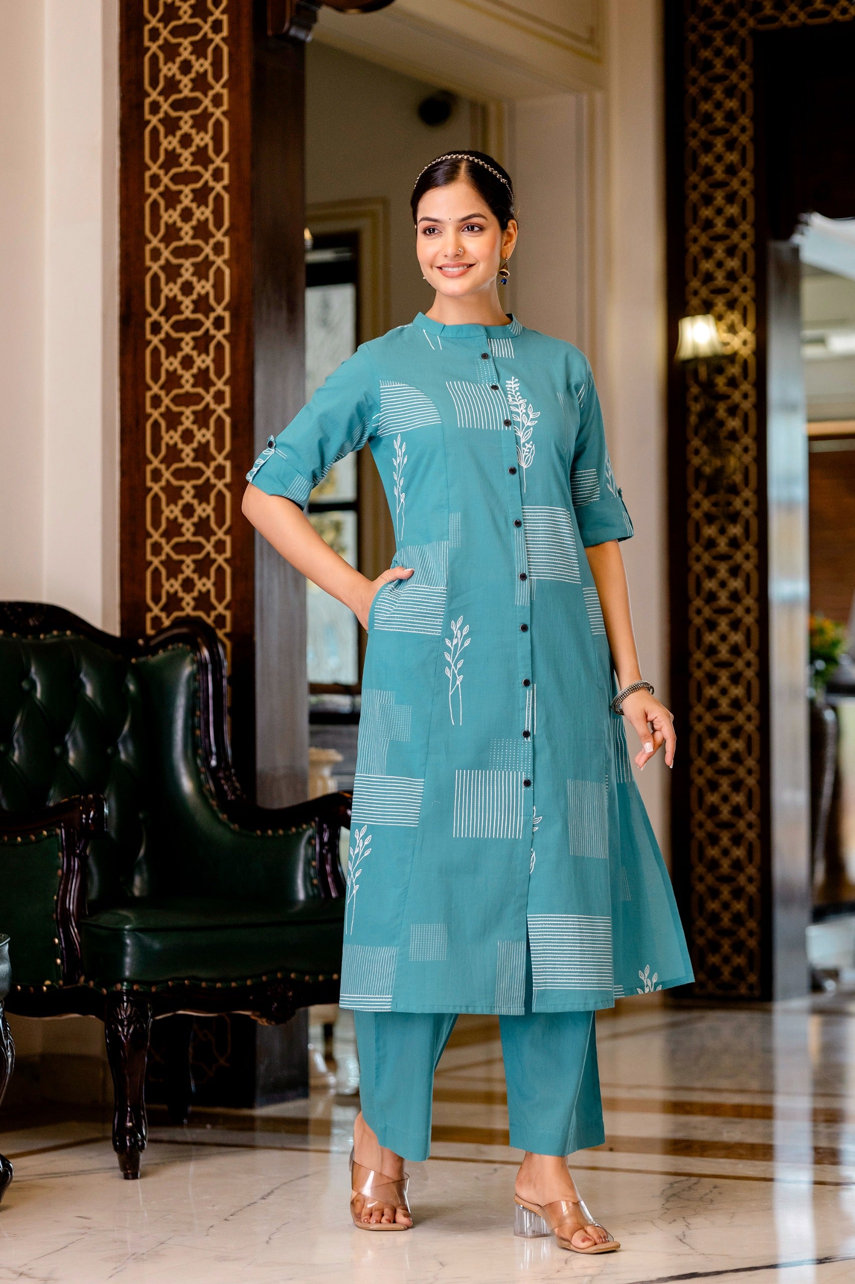 Rama Green Cotton A-line Coord Set - The Jaipur Studio