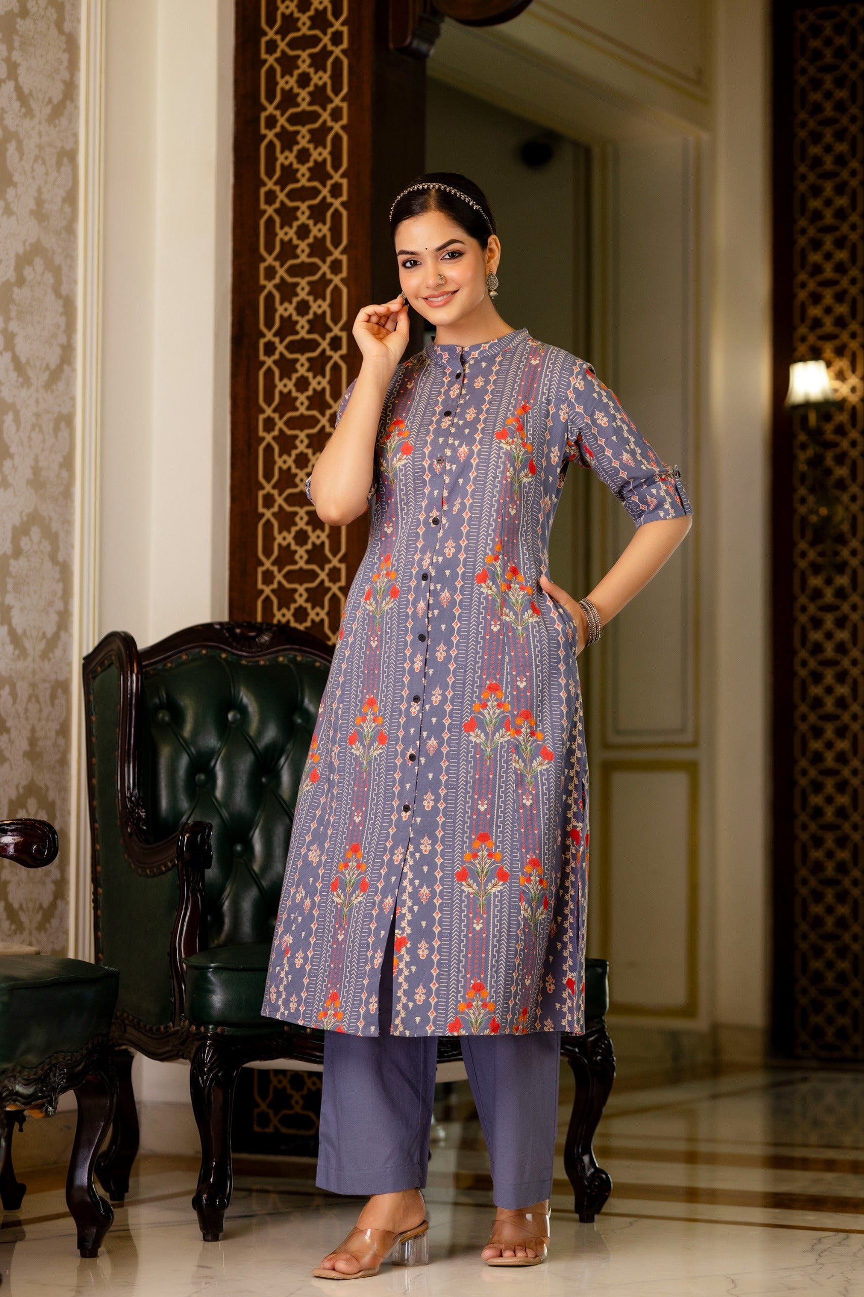Grey Floral Cotton A-line Coord Set - The Jaipur Studio