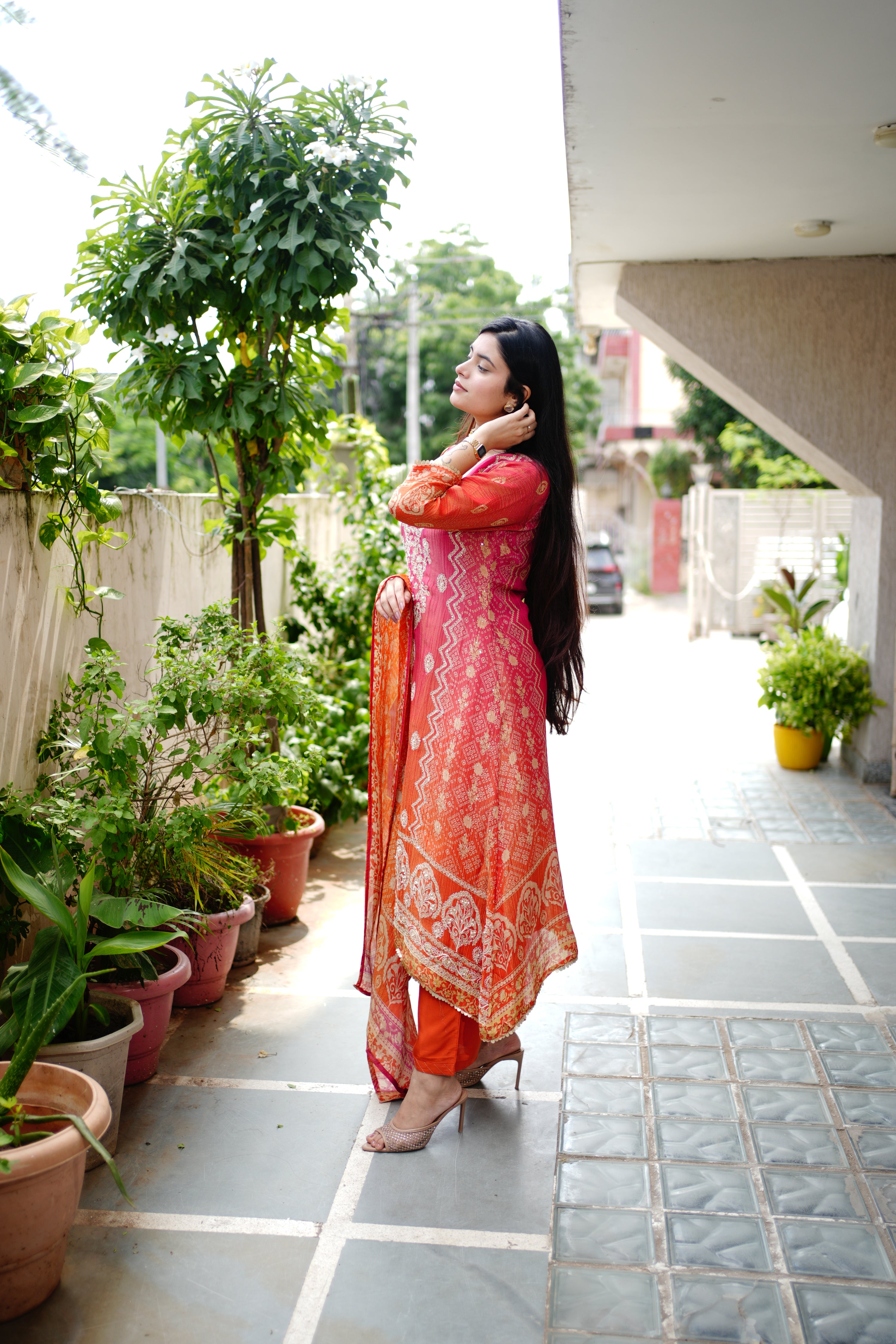 Rehana Asymmetric Shimmer Tissue  Embroidered Pant Set - The Jaipur Studio