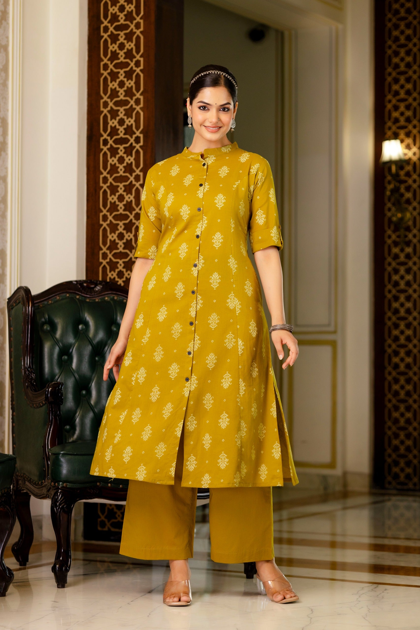 Yellow Jamdani Cotton A-line Coord Set - The Jaipur Studio
