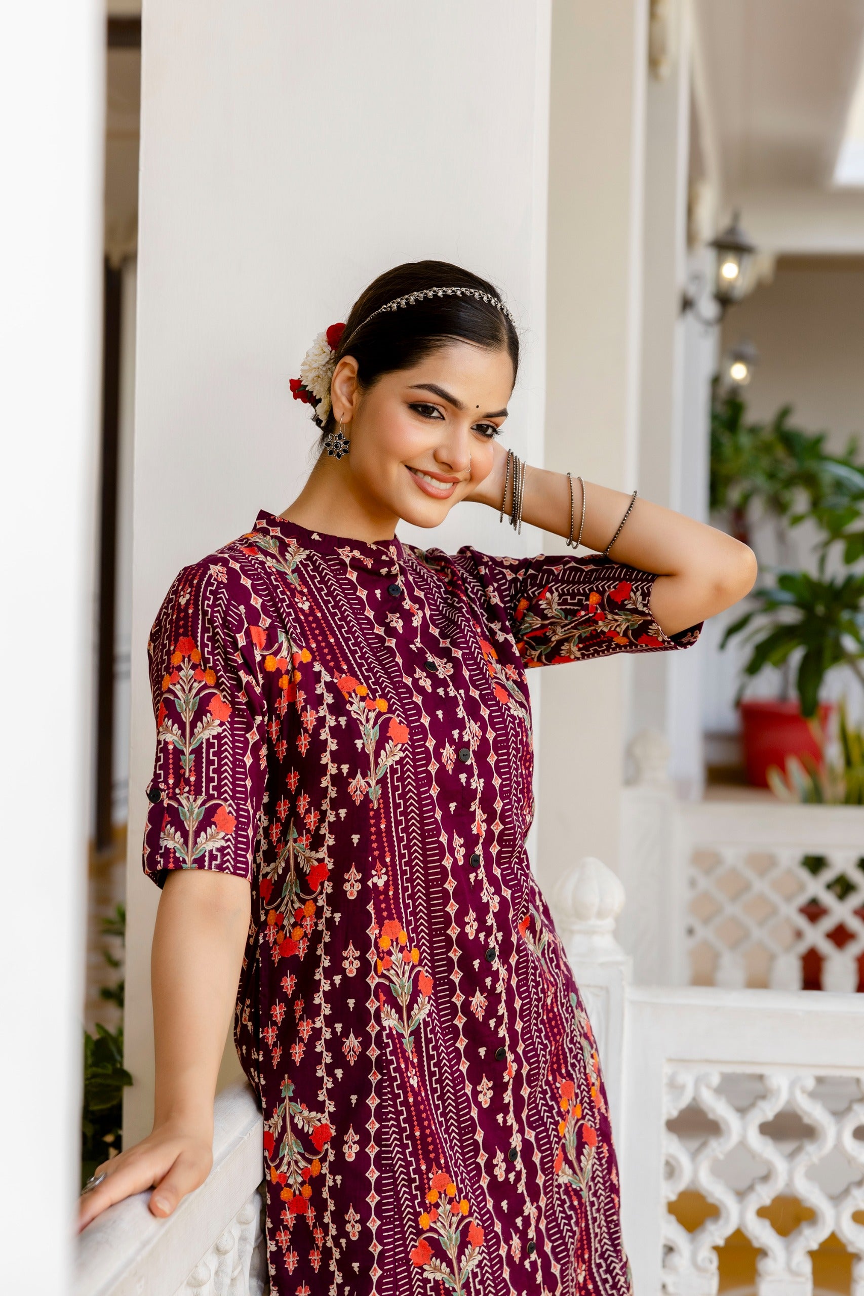 Marron Floral Cotton A-line Coord Set - The Jaipur Studio