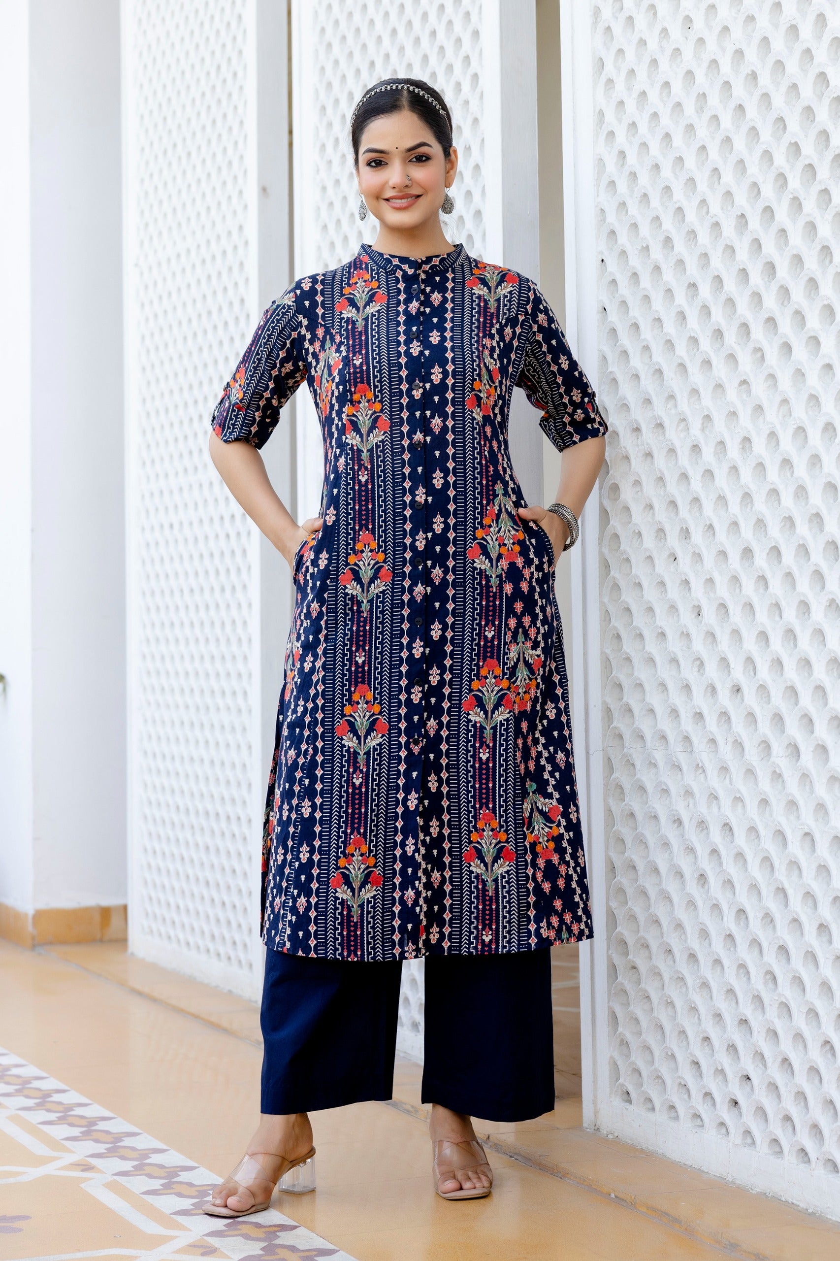 Navy Blue Floral Cotton A-line Coord Set - The Jaipur Studio