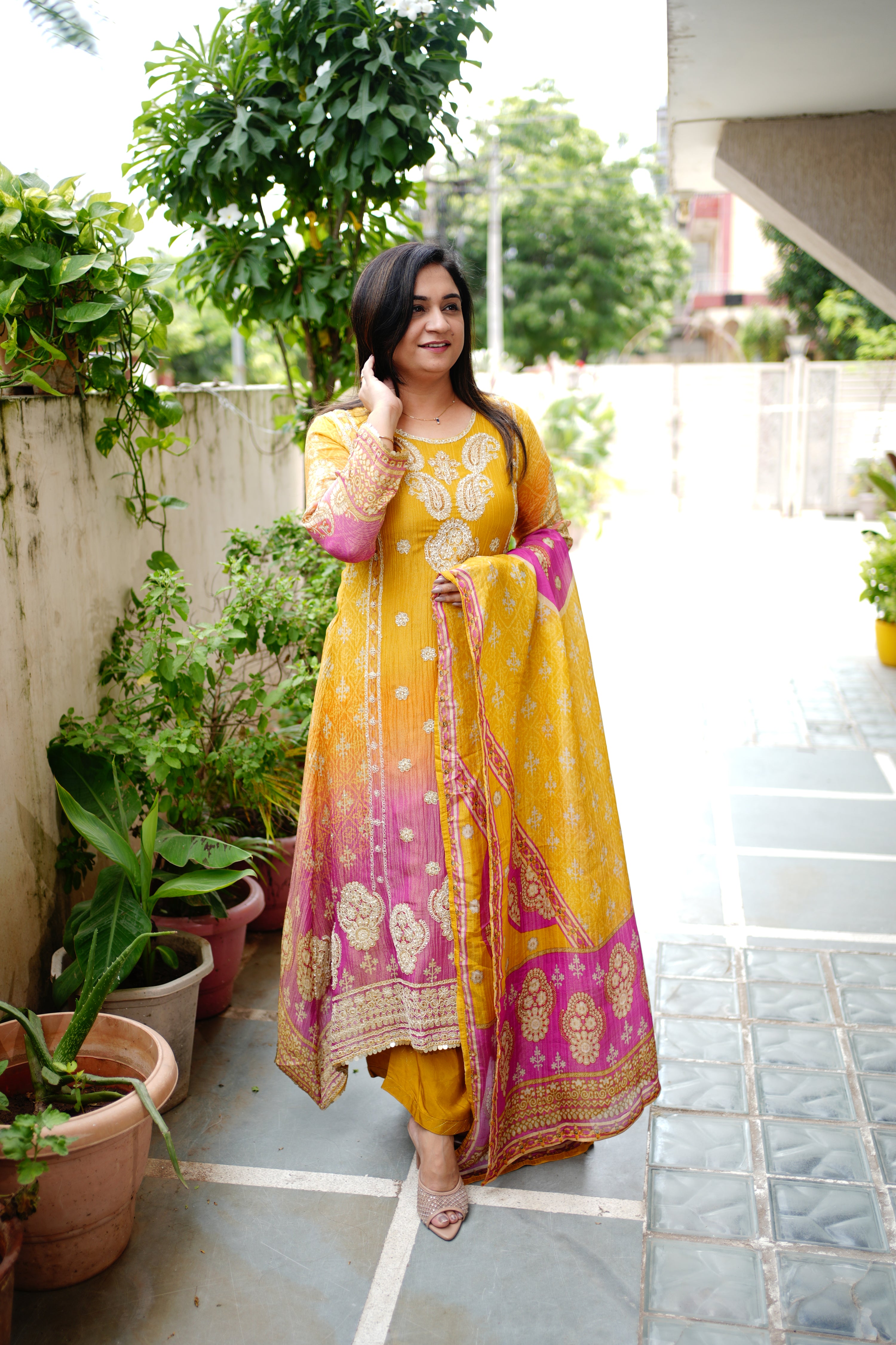Zehra Asymmetric Shimmer Tissue  Embroidered Pant Set - The Jaipur Studio