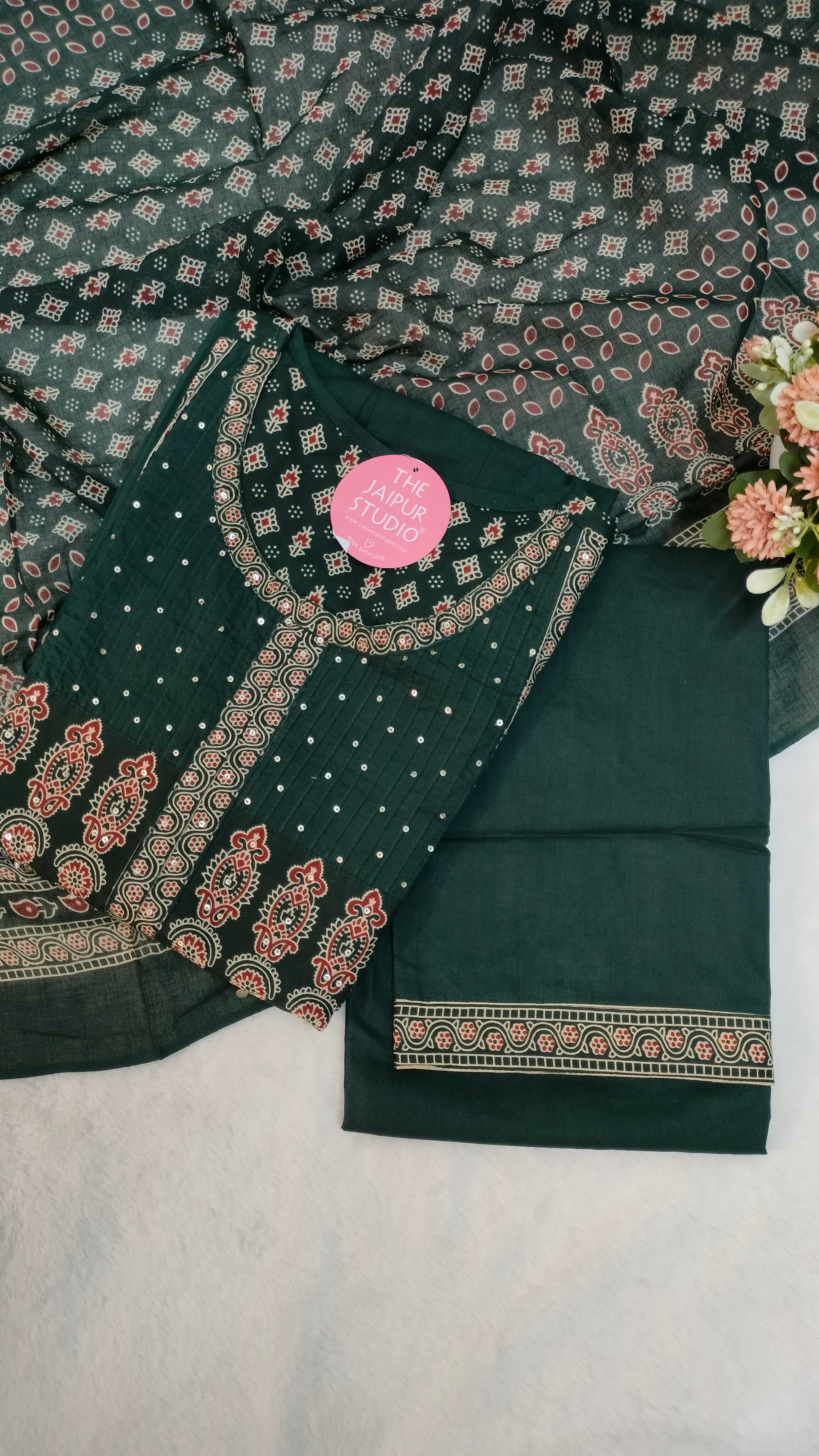 Deliah Handblock Premium Cotton Detailed Pant set - The Jaipur Studio