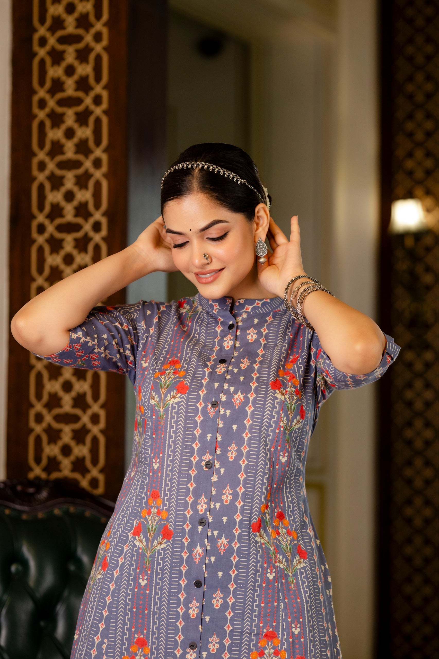 Grey Floral Cotton A-line Coord Set - The Jaipur Studio