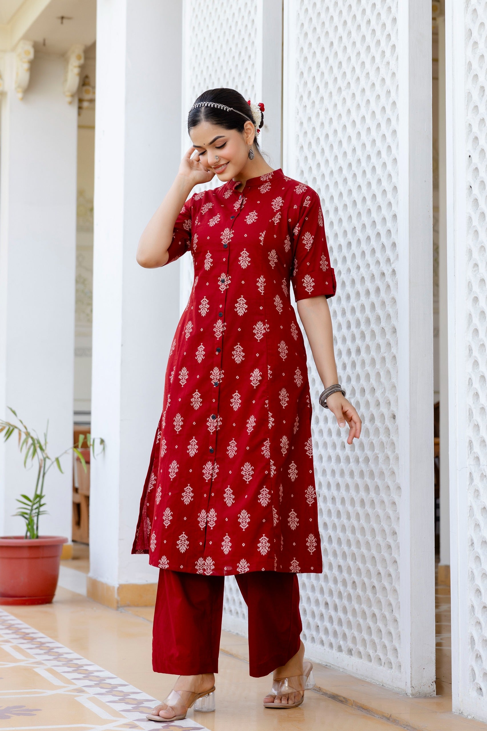 Red Jamdani Cotton A-line Coord Set - The Jaipur Studio