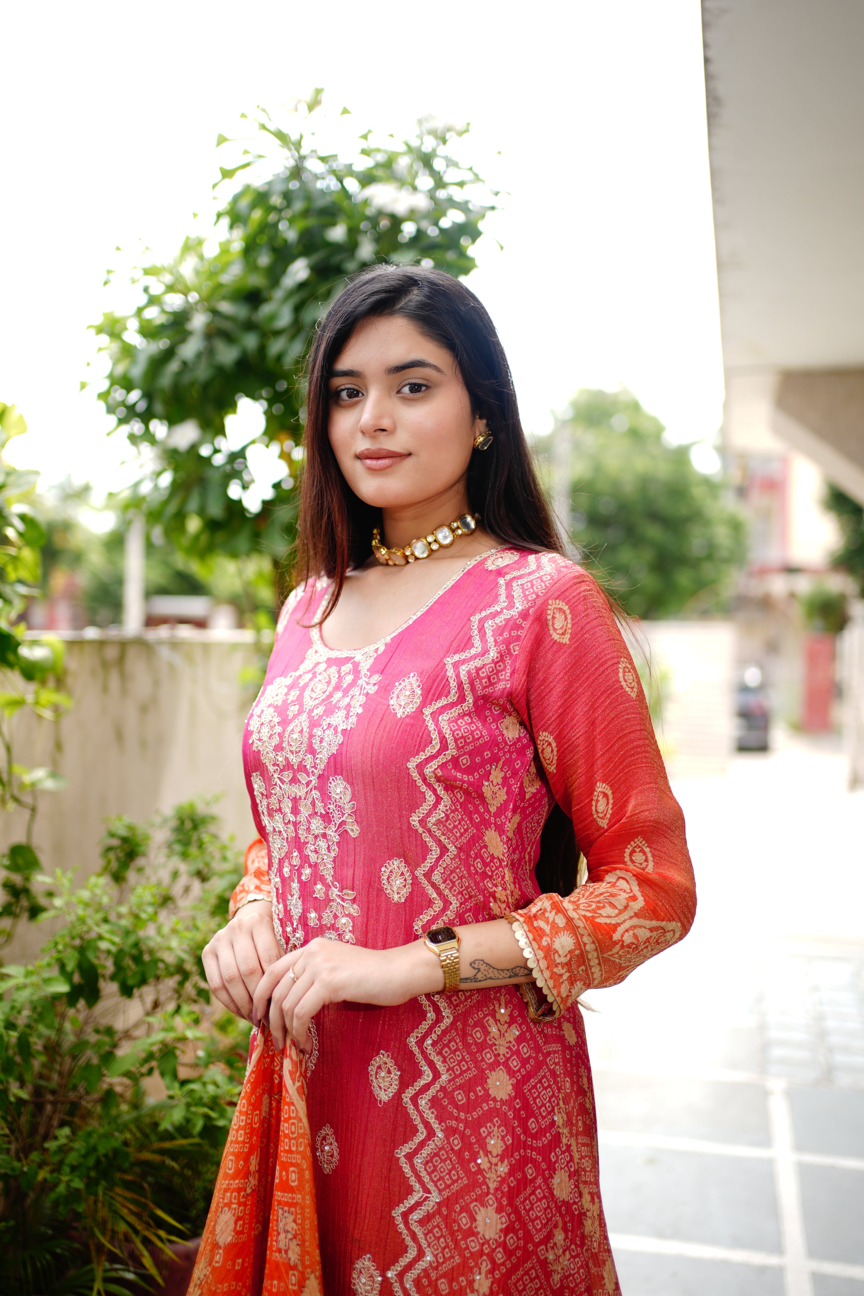 Rehana Asymmetric Shimmer Tissue  Embroidered Pant Set - The Jaipur Studio