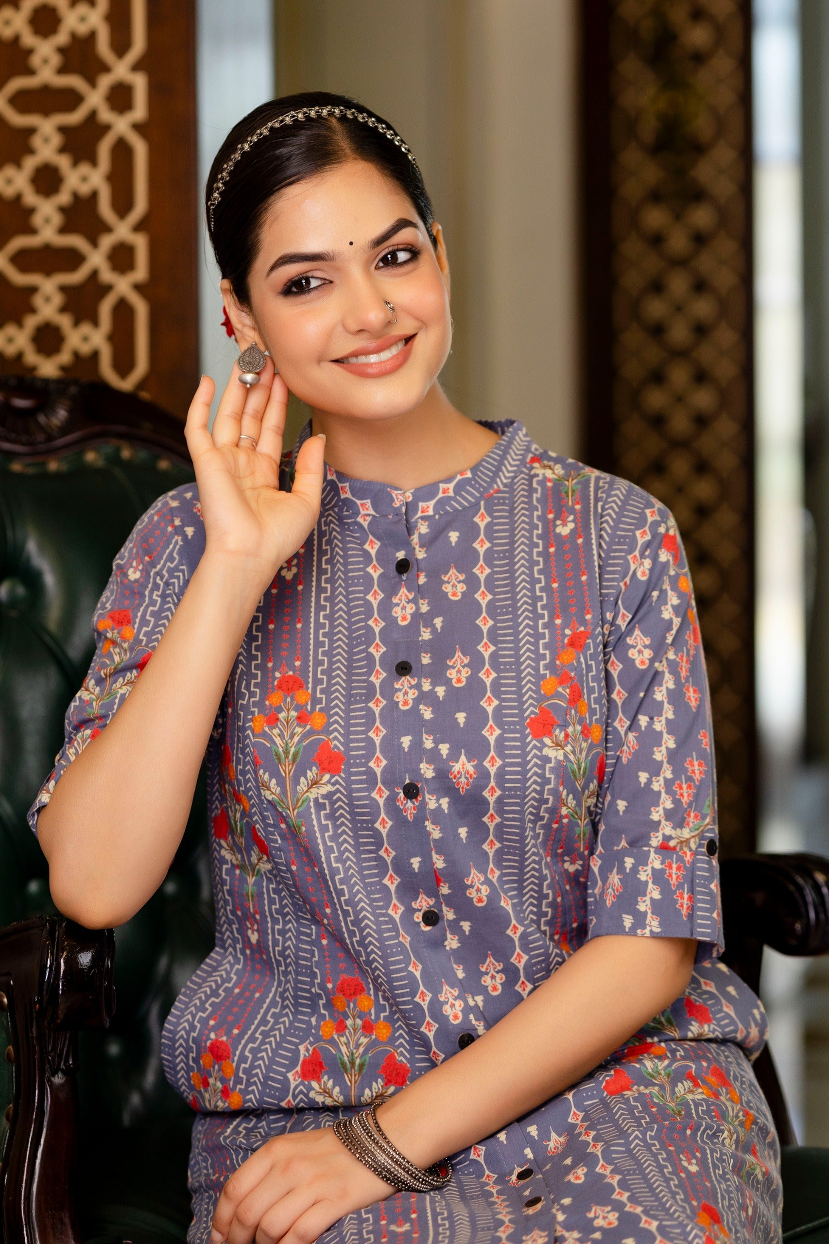 Grey Floral Cotton A-line Coord Set - The Jaipur Studio