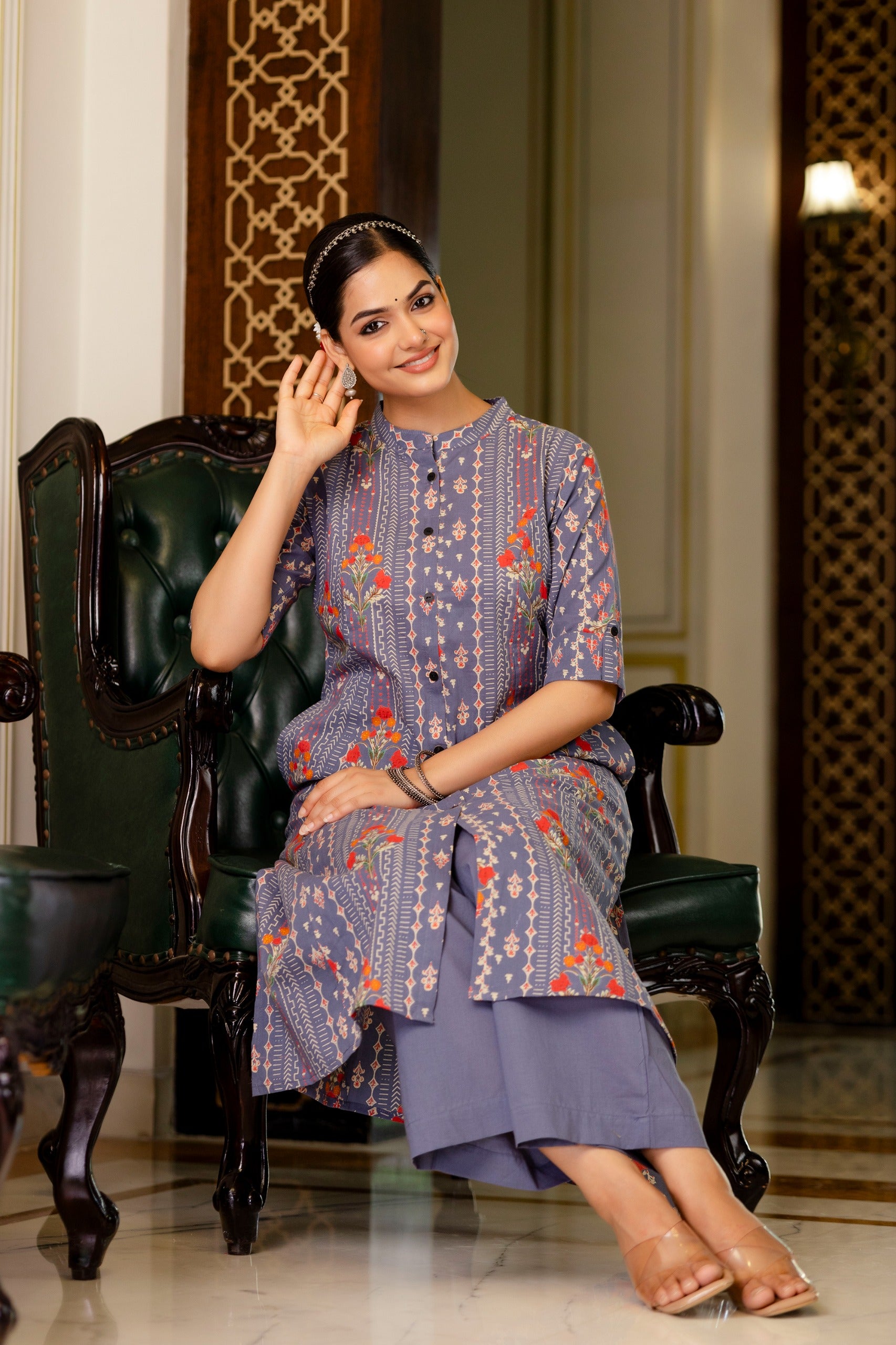 Grey Floral Cotton A-line Coord Set - The Jaipur Studio