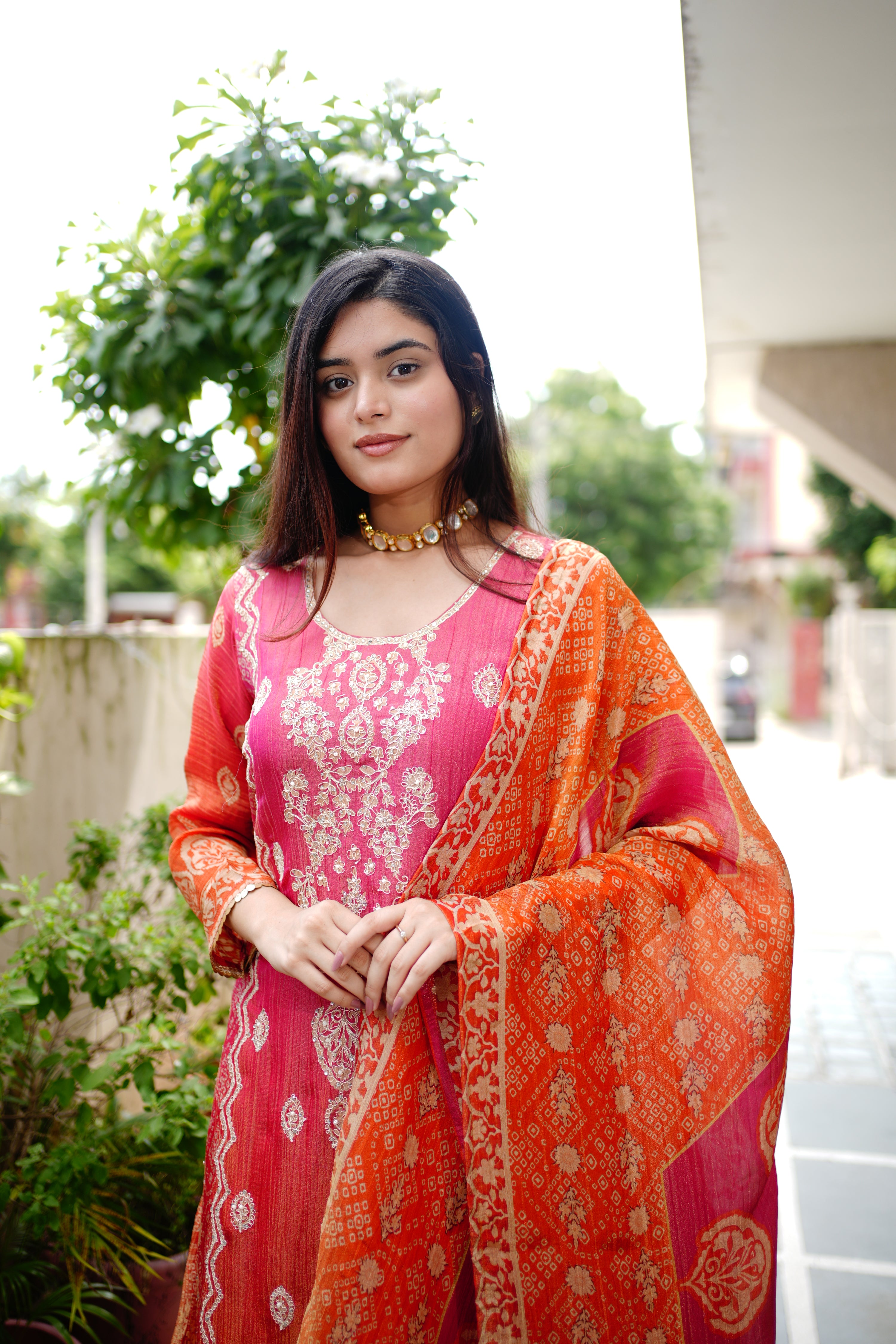 Rehana Asymmetric Shimmer Tissue  Embroidered Pant Set - The Jaipur Studio