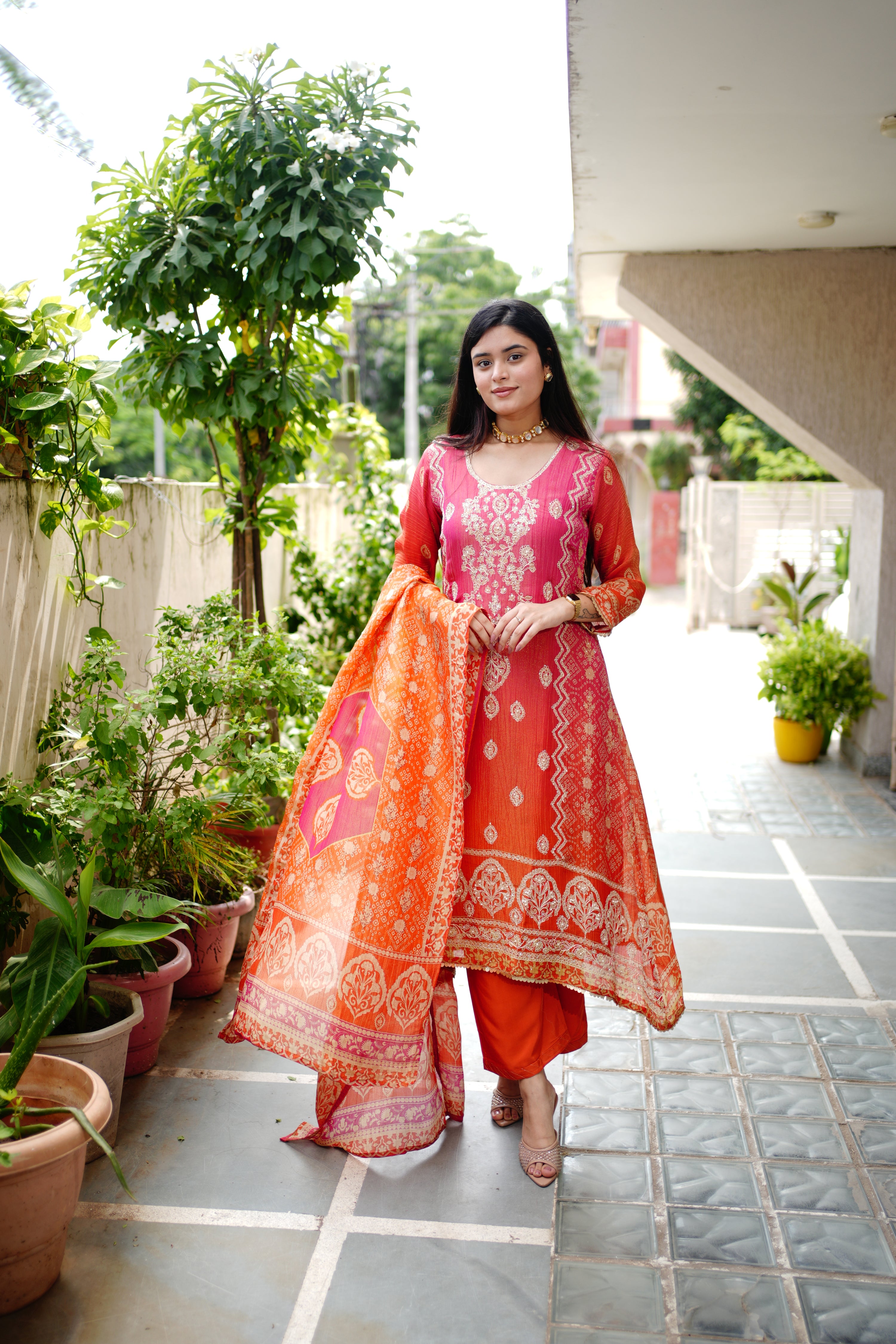 Rehana Asymmetric Shimmer Tissue  Embroidered Pant Set - The Jaipur Studio