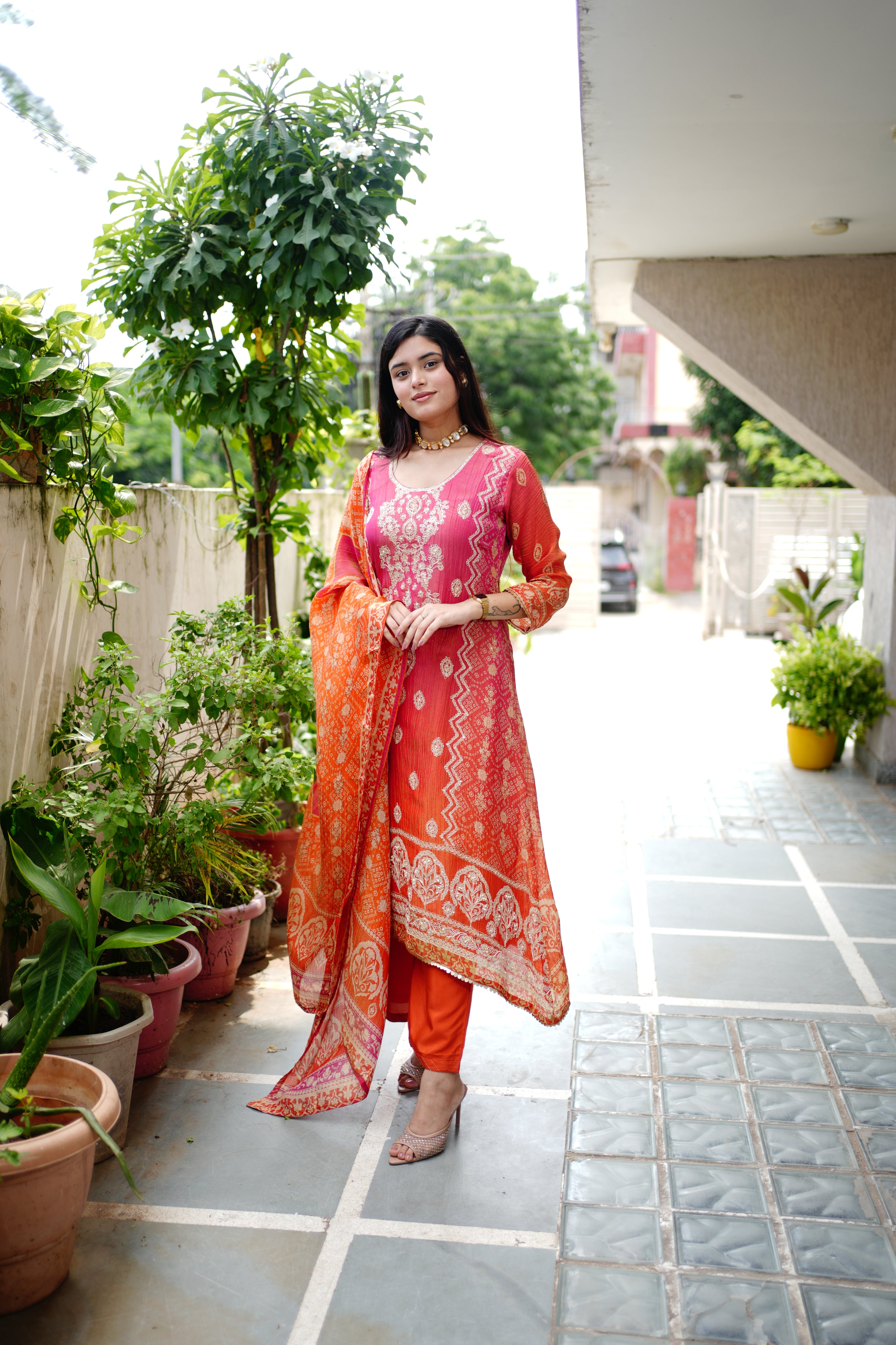 Rehana Asymmetric Shimmer Tissue  Embroidered Pant Set - The Jaipur Studio