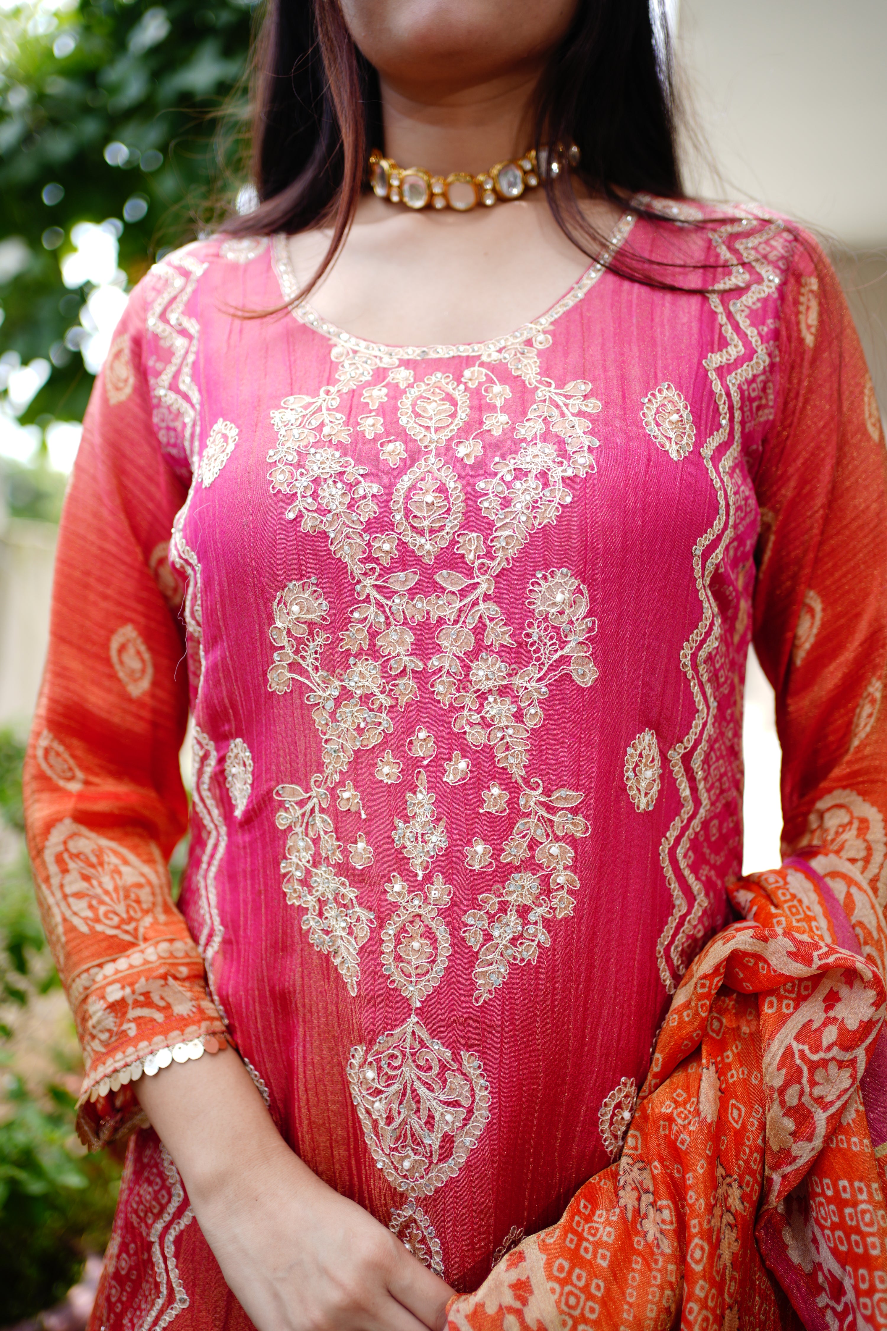 Rehana Asymmetric Shimmer Tissue  Embroidered Pant Set - The Jaipur Studio
