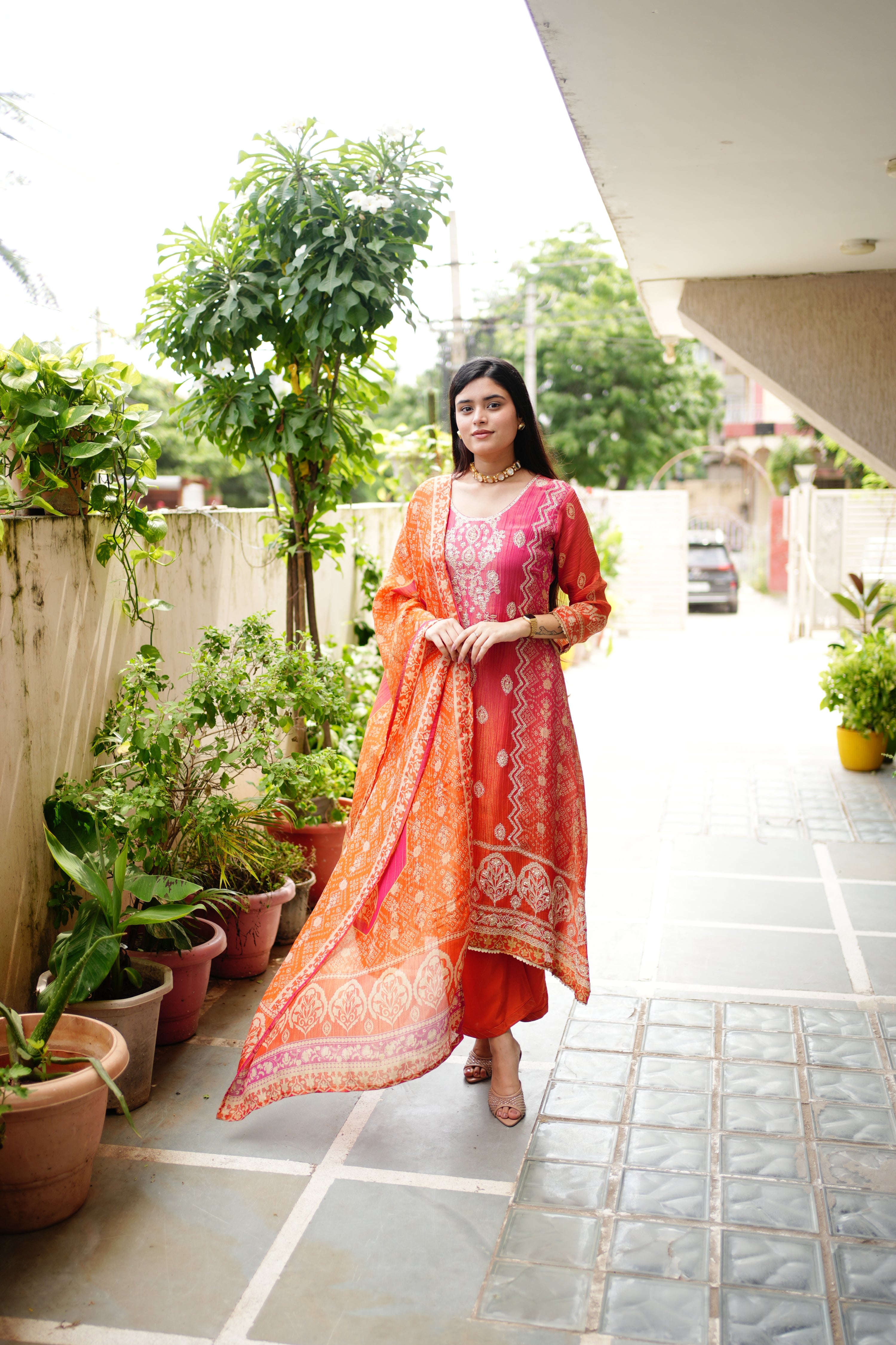 Rehana Asymmetric Shimmer Tissue  Embroidered Pant Set - The Jaipur Studio
