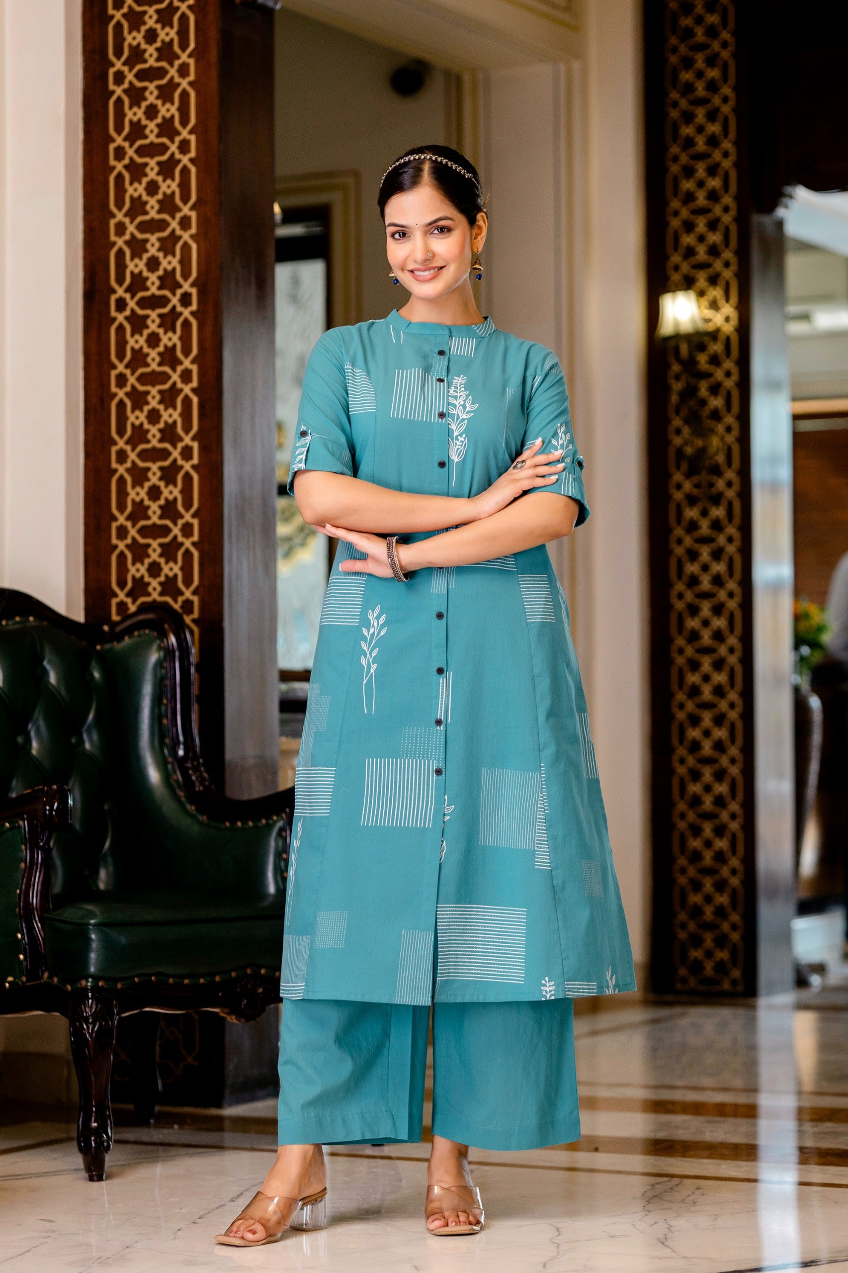 Rama Green Cotton A-line Coord Set - The Jaipur Studio