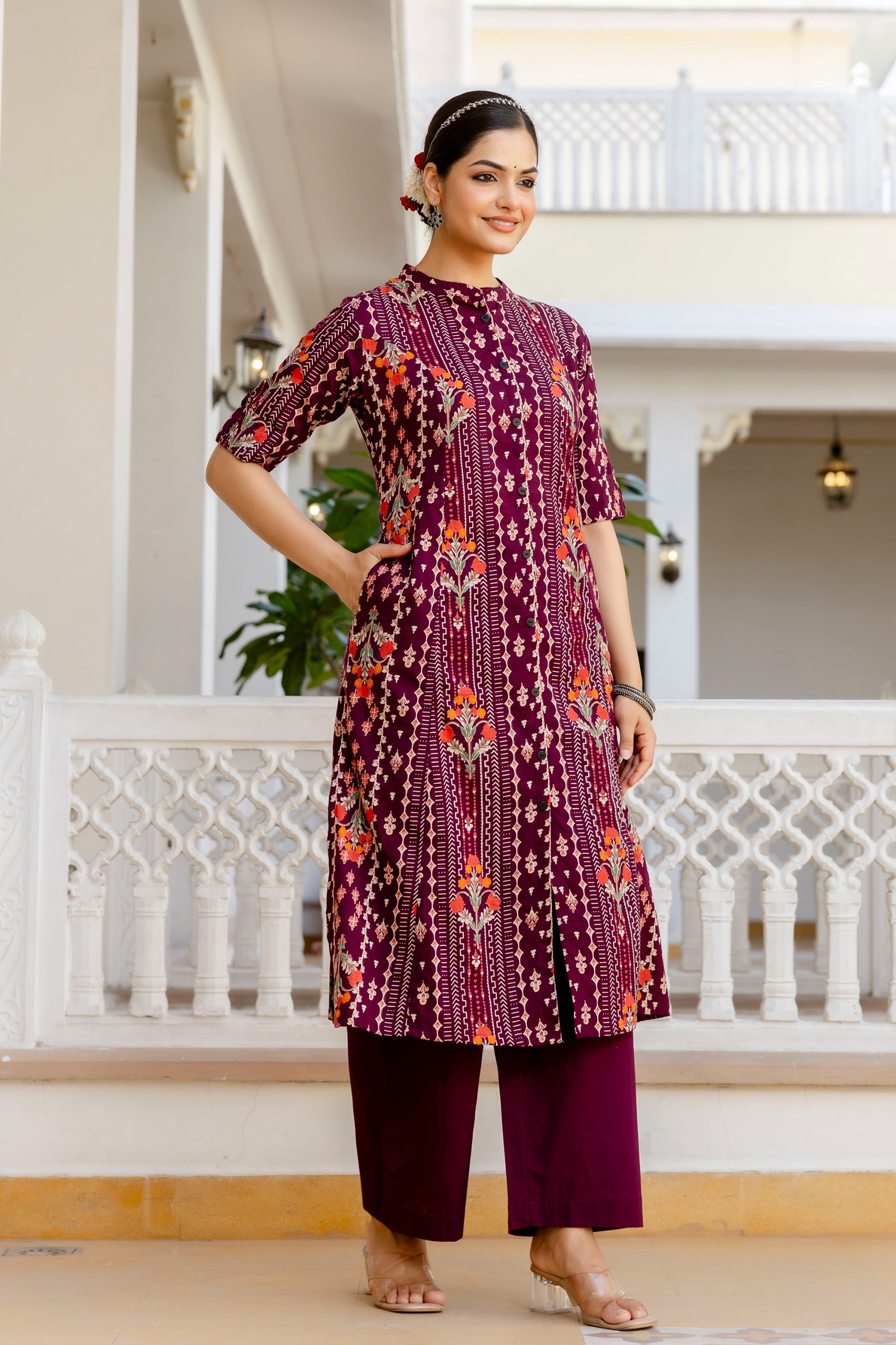 Marron Floral Cotton A-line Coord Set - The Jaipur Studio