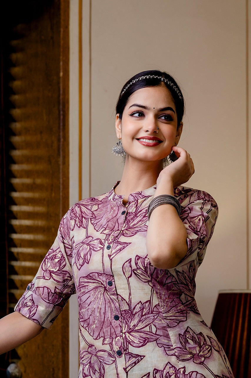 Shnaya Purple Floral Cotton A-line Coord Set - The Jaipur Studio
