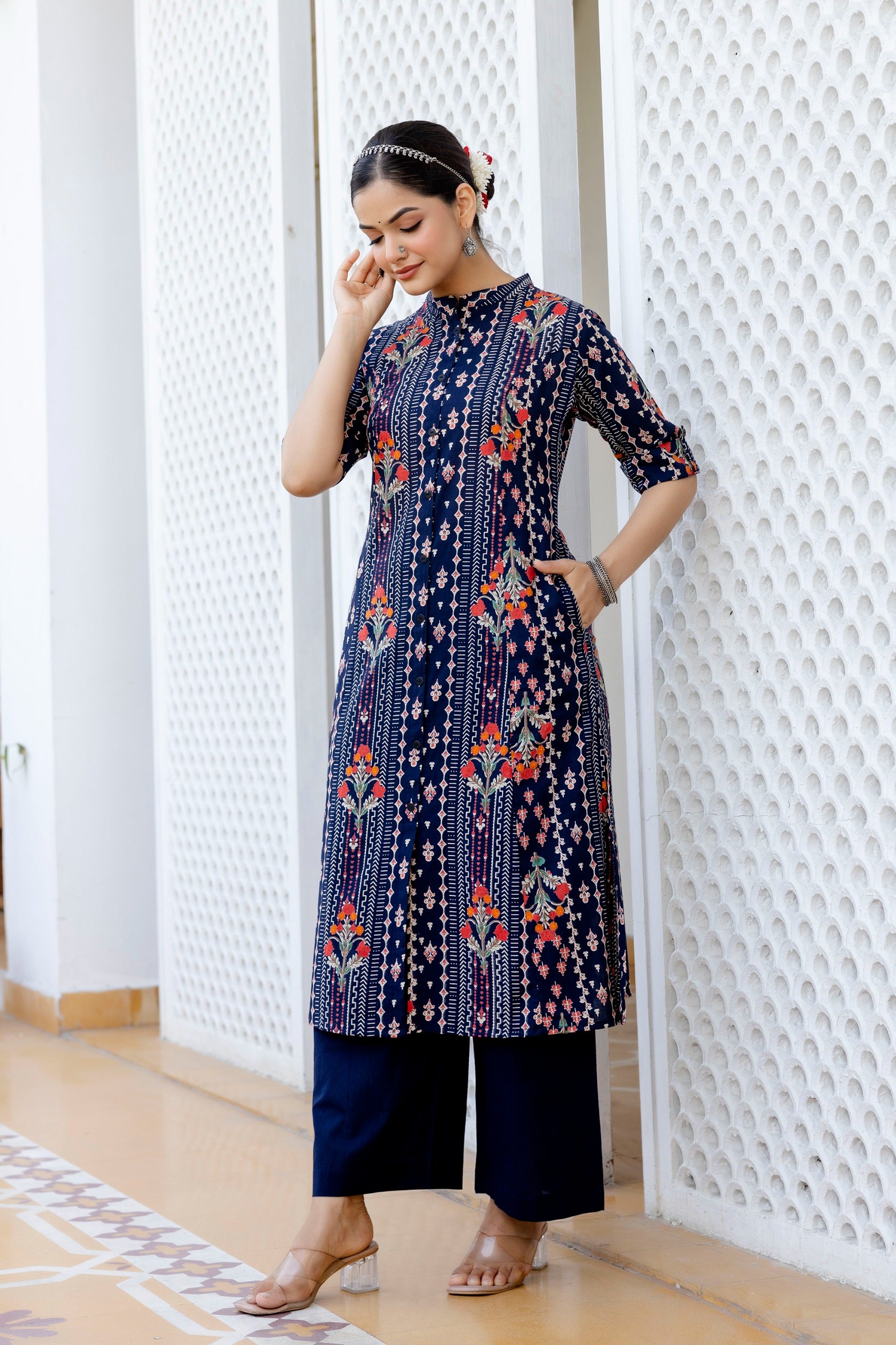 Navy Blue Floral Cotton A-line Coord Set - The Jaipur Studio