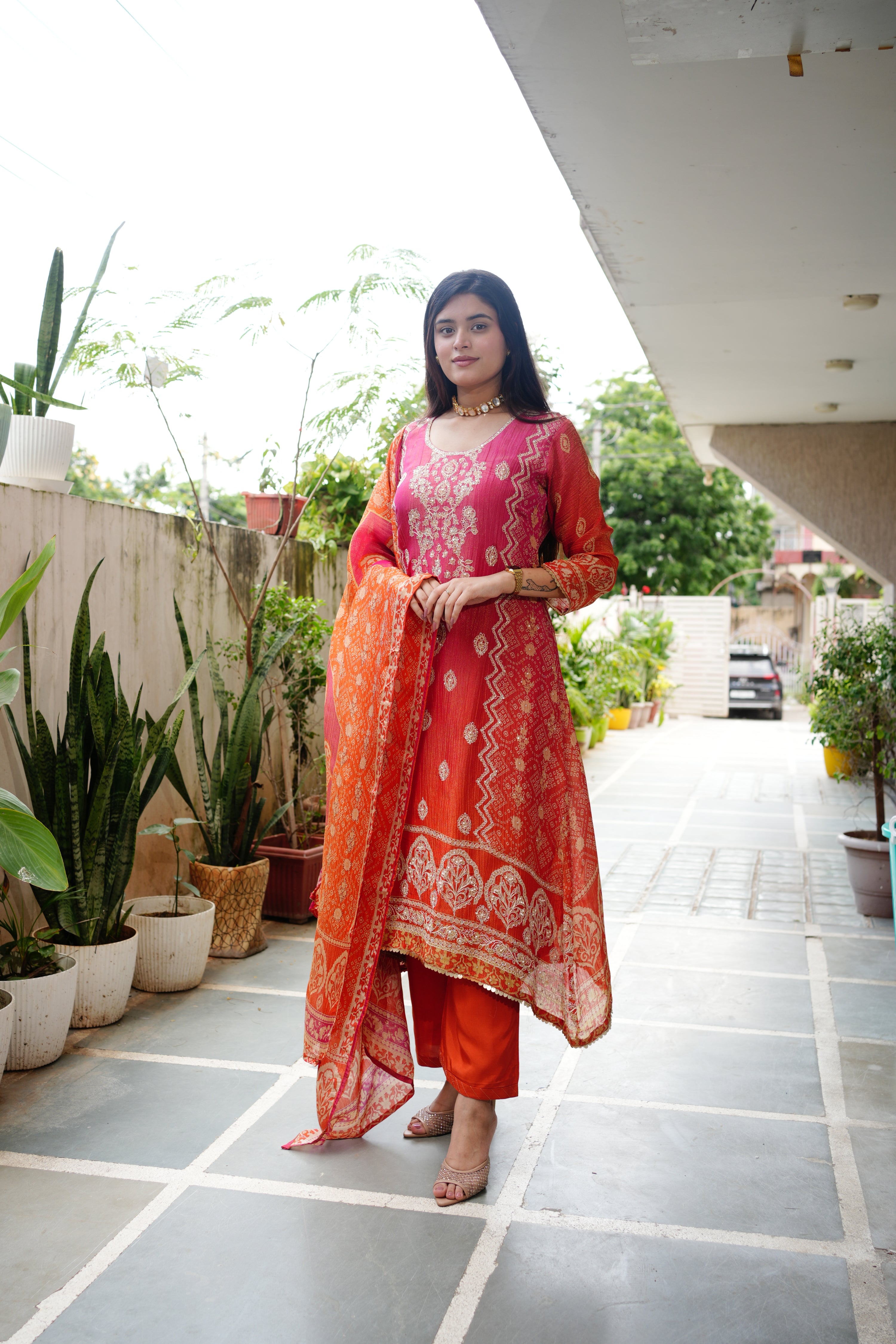 Rehana Asymmetric Shimmer Tissue  Embroidered Pant Set - The Jaipur Studio