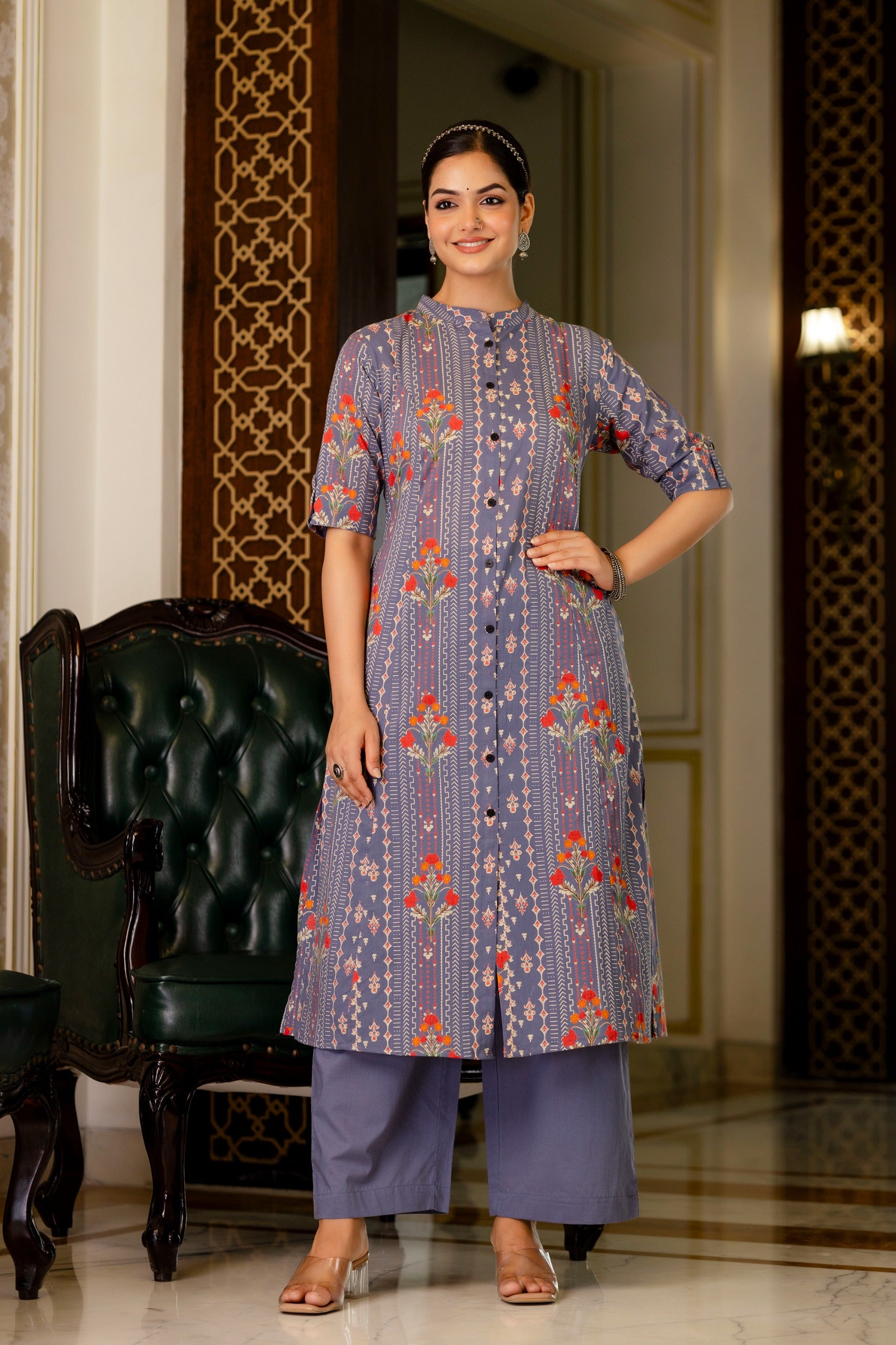 Grey Floral Cotton A-line Coord Set - The Jaipur Studio
