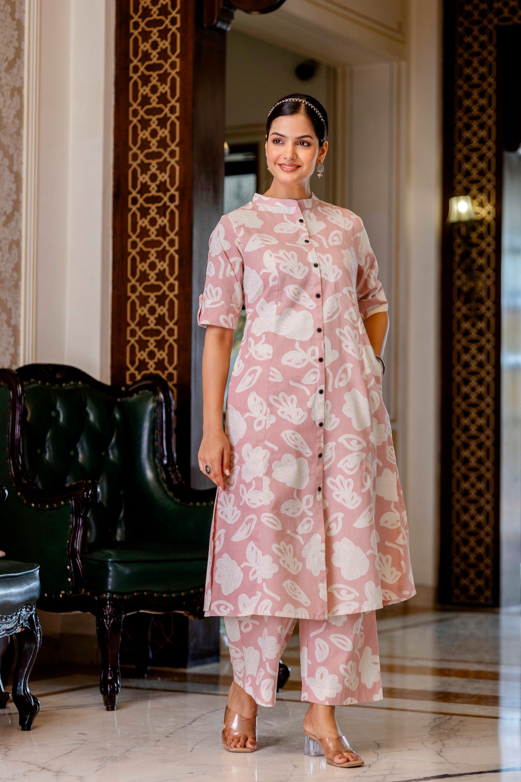 Peach Floral Cotton A-line Coord Set - The Jaipur Studio