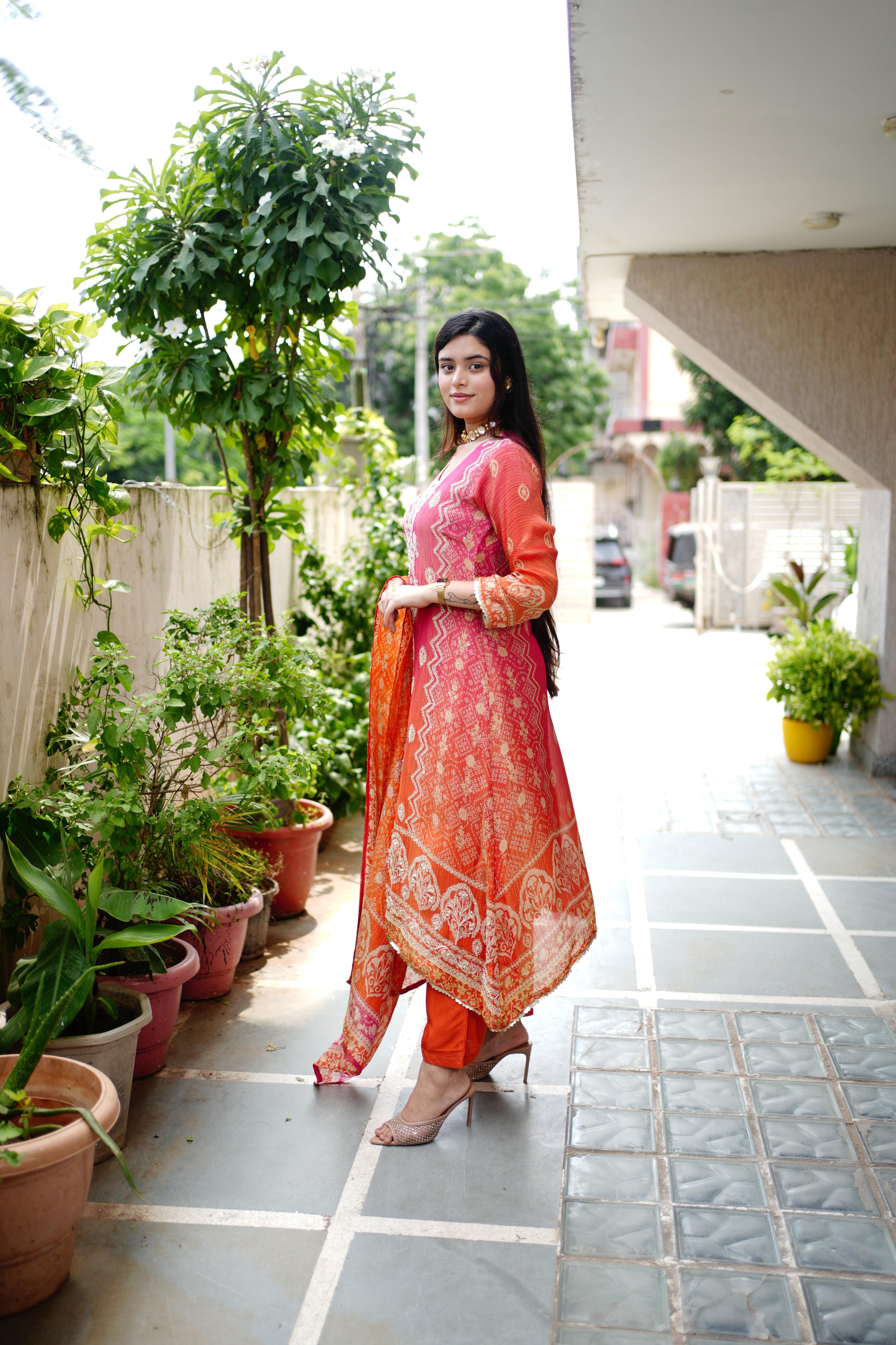 Rehana Asymmetric Shimmer Tissue  Embroidered Pant Set - The Jaipur Studio