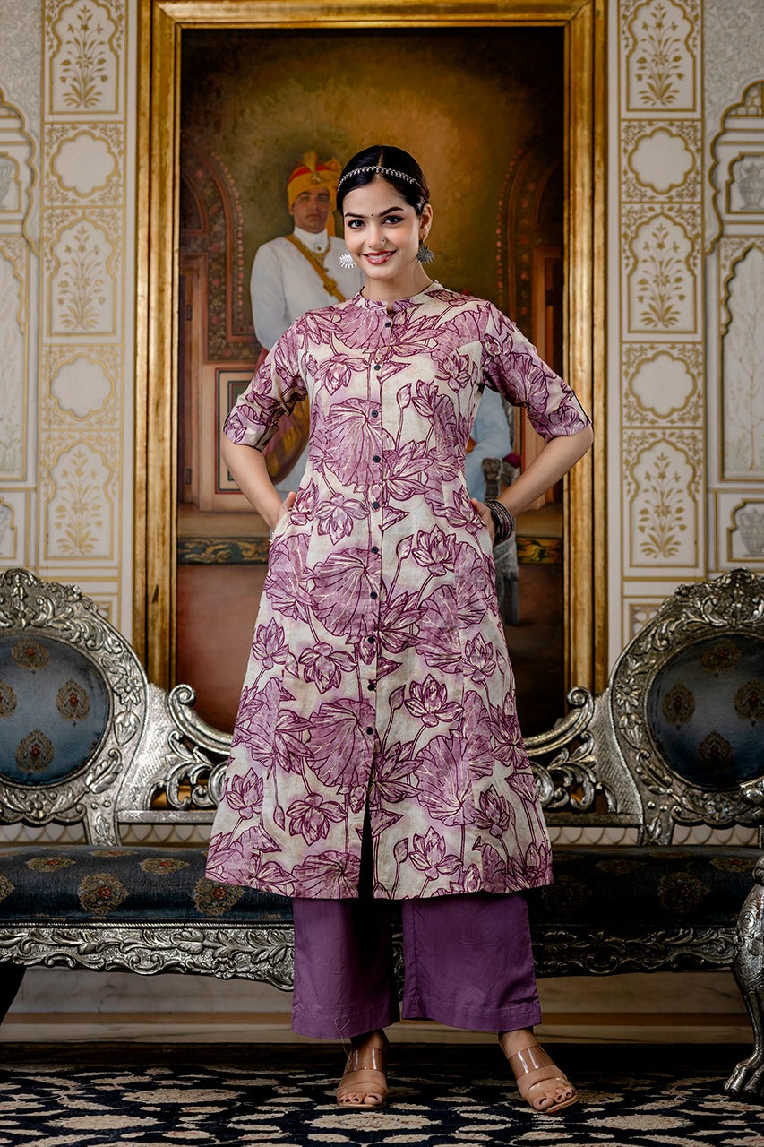 Shnaya Purple Floral Cotton A-line Coord Set - The Jaipur Studio