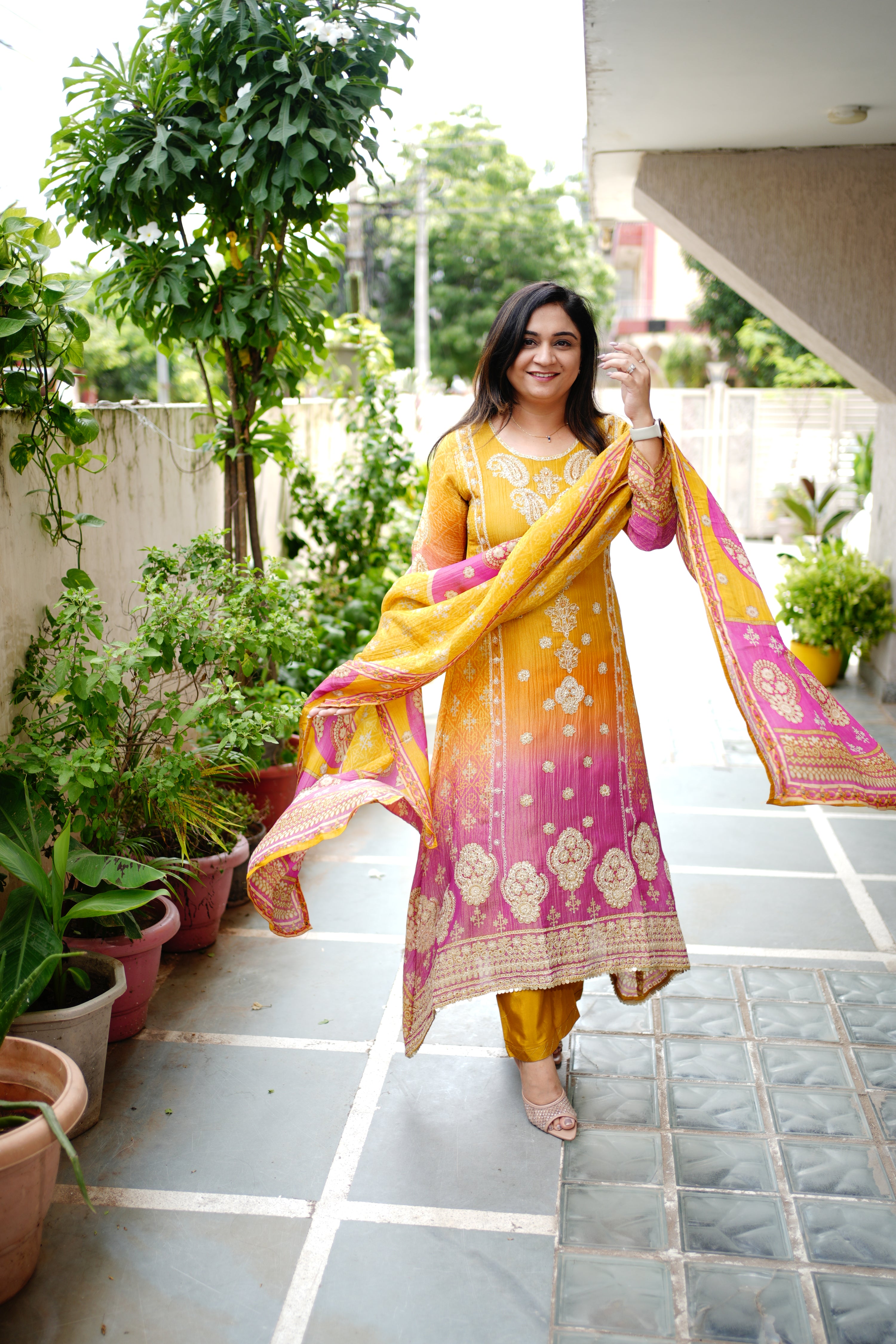 Zehra Asymmetric Shimmer Tissue  Embroidered Pant Set - The Jaipur Studio